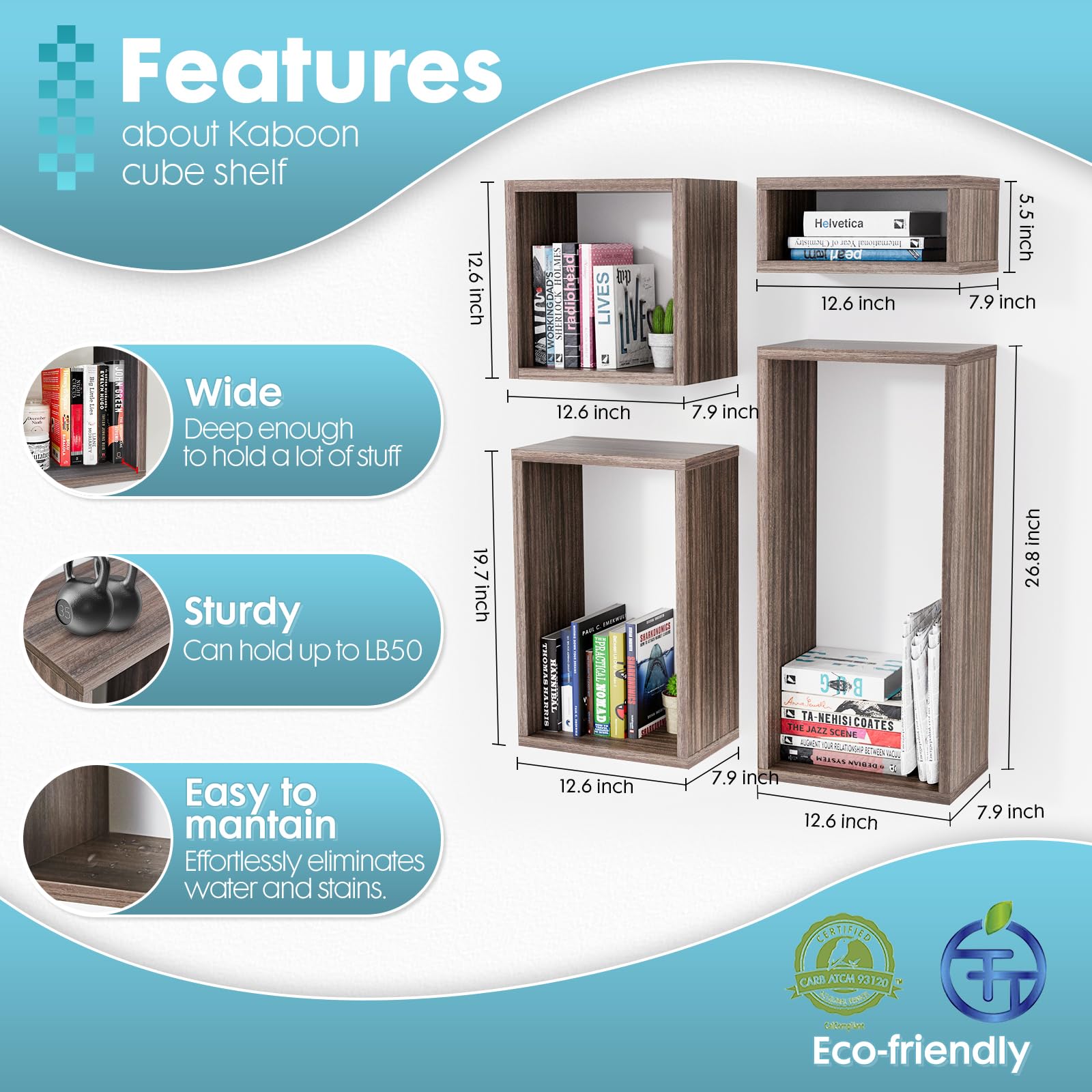 Kaboon Wall Mount Shelf Set of 4 - Floating Cube Shelves for Home & Office Decor - Large Size Eucalyptus Wood Shelving Unit - Perfect for Living Room, Bedroom, Kitchen & Commercial Spaces