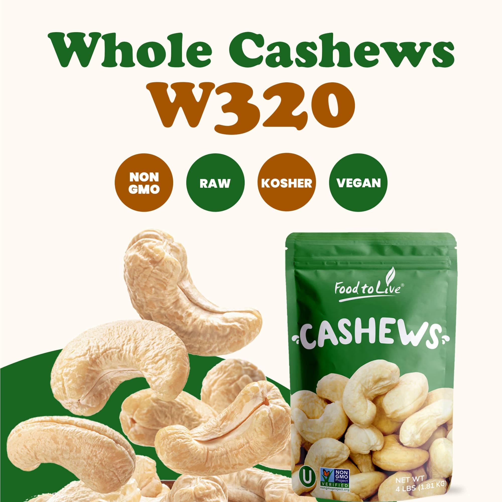 Food to Live Raw Cashews, 16 Pounds — Non-GMO Verified, Whole W-320 Size Nuts, Unsalted & Unroasted | Vegan, Kosher, Bulk Snacks for Baking, Cooking & Healthy Eating