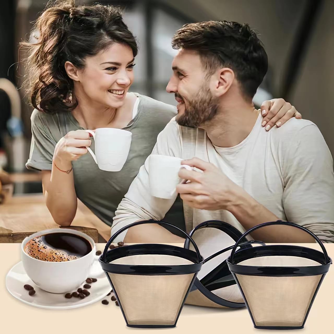 Reusable Coffee Filters for Ninja & Cuisinart - 3Pcs Cone Filters for Home & Office Brewing