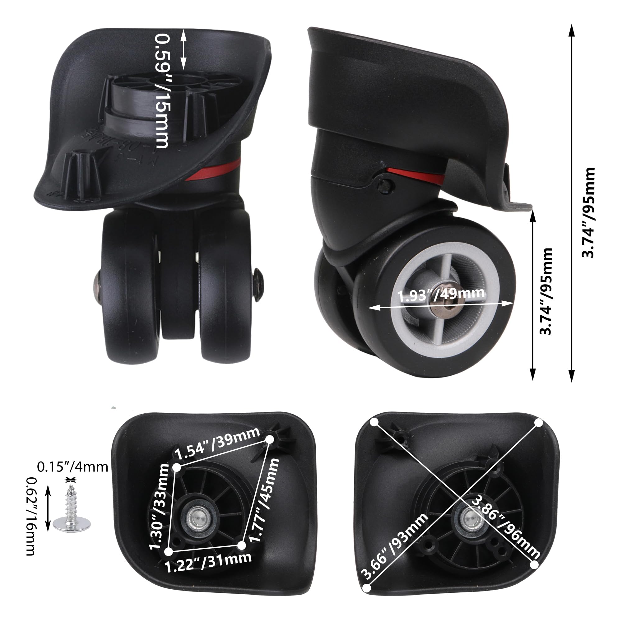 BQLZR 4-Pack Black Plastic Luggage Wheels Repair Kit with Screws - 360 Degree Rotation for Suitcase, Travel Bags & Carry-On Cases - Easy Replacement & Smooth Rolling