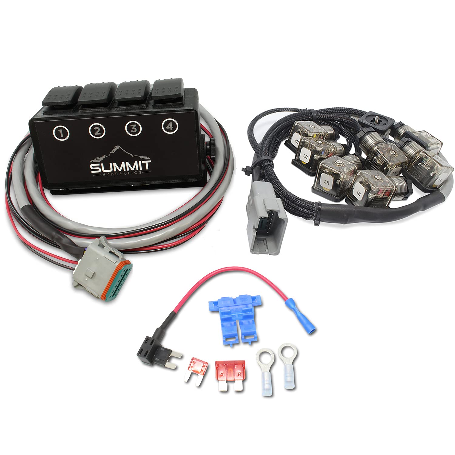 4 Spool Monoblock Valve Control Box with Momentary Switch & DIN Connectors - Hydraulic Valve Harness for Tractor, Excavator & Heavy Equipment Control Systems