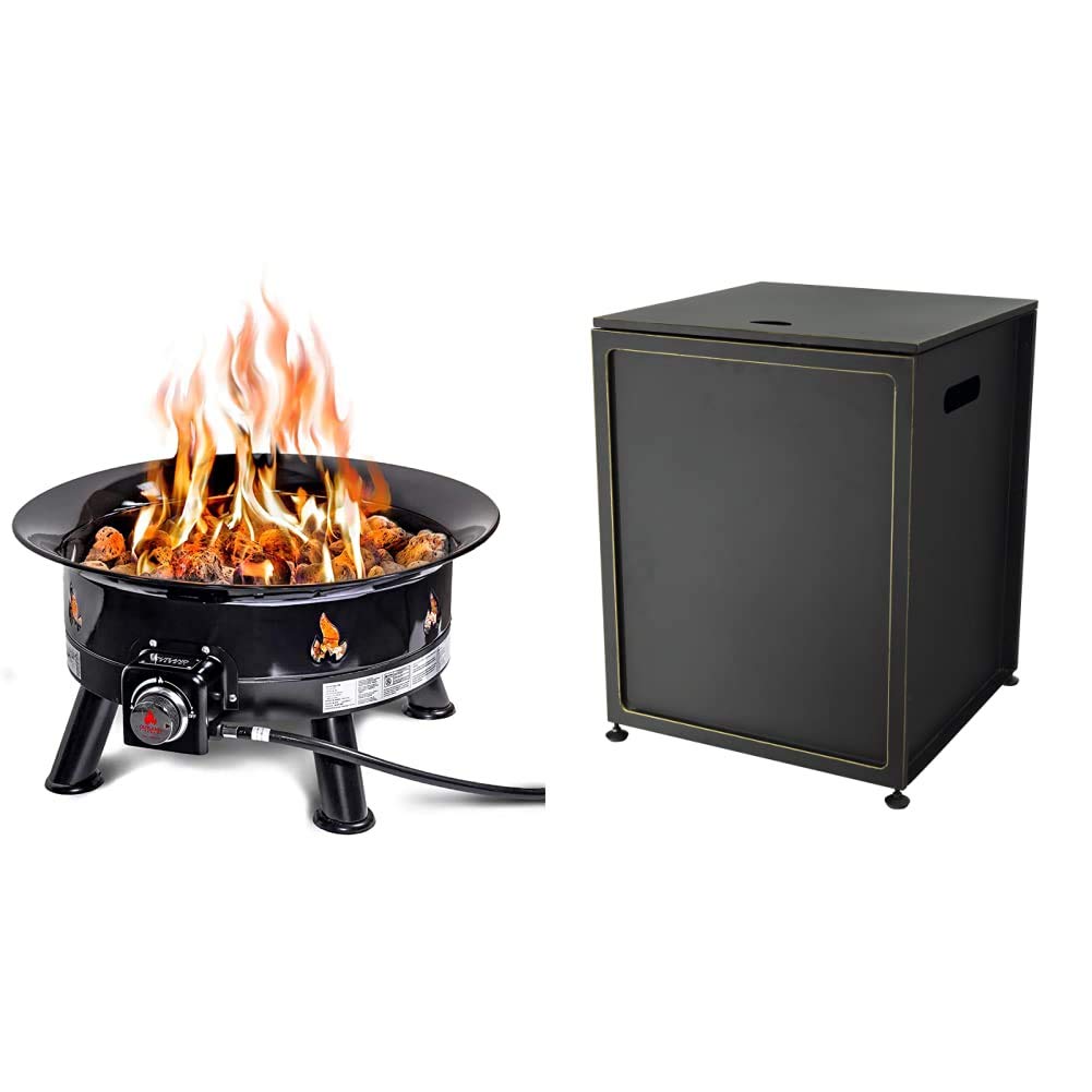 OUTLAND LIVING Firebowl 883 Mega 24-Inch Outdoor Propane Gas Fire Pit with Bond Manufacturing 67635 Cover Hideaway Table - Compatible with 20lb Propane Tanks, Black - Perfect for Patio, Backyard, Camping & Outdoor Gatherings