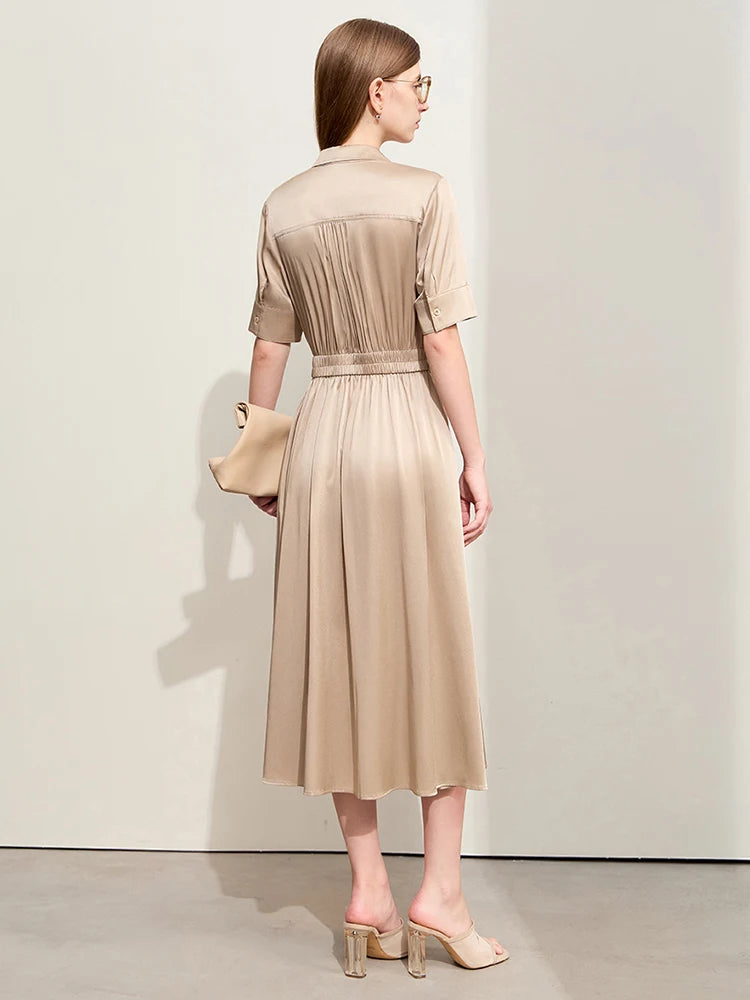 Elegant Minimalist Silk Dress for Women - Summer Light Luxury Lapel Half Placket Stretch Long Shirt Dress | Perfect for Office Wear, Date Nights & Special Occasions