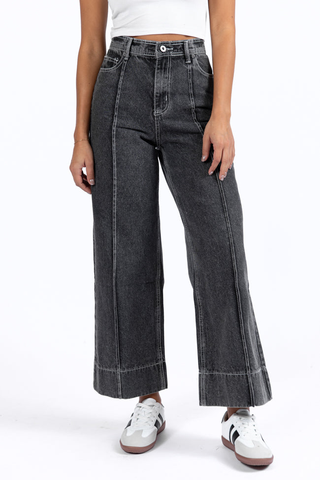 Estelle Black Acid Wash Wide Leg Front Seam Denim Pants for Women - High Waisted Stretch Jeans, Vintage Distressed Denim, Comfortable Casual Wear - Perfect for Street Style, Date Night & Everyday Outfits