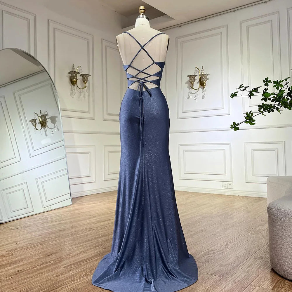 Elegant Dubai Saudi Arabic Blue Spaghetti Strap Mermaid Evening Gown with High Slit - Formal Dress for Prom, Wedding, Gala & Special Occasions