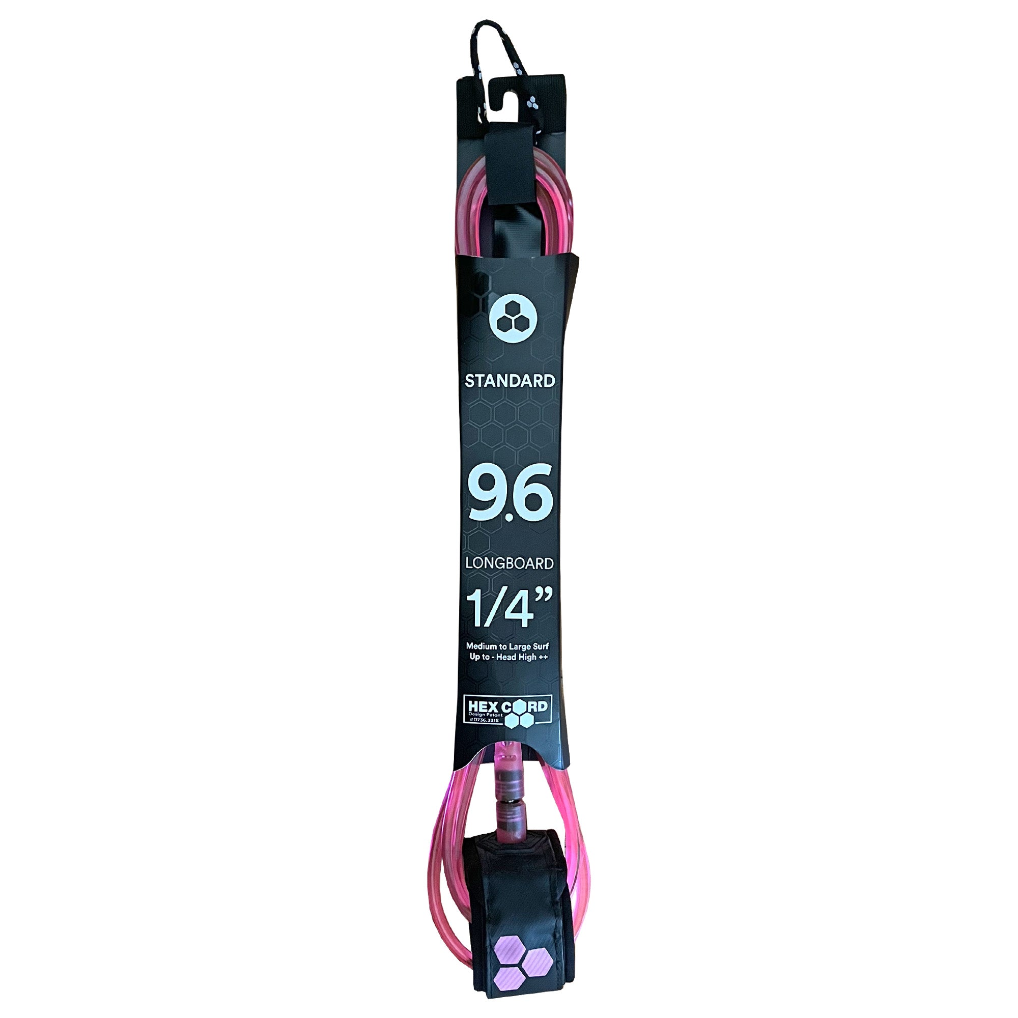 **Channel Islands Longboard Hex Cord Standard Surfboard Leash - 9'6 x 1/4 Inch, Pink - Durable & Secure for Surfing, Paddleboarding & Water Sports**