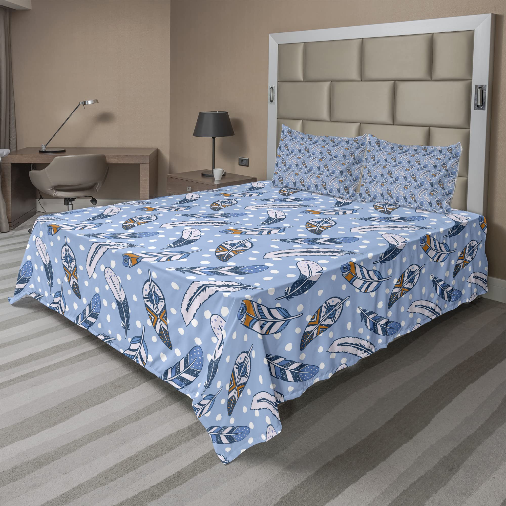 Ambesonne Modern 4-Piece King Sheet Set - Traditional Romantic Contemporary Leaves Design, Pale Blue White Amber - Soft Fitted & Flat Sheets with Pillowcases - Perfect for Master Bedroom, Guest Room, or Vacation Home Decor
