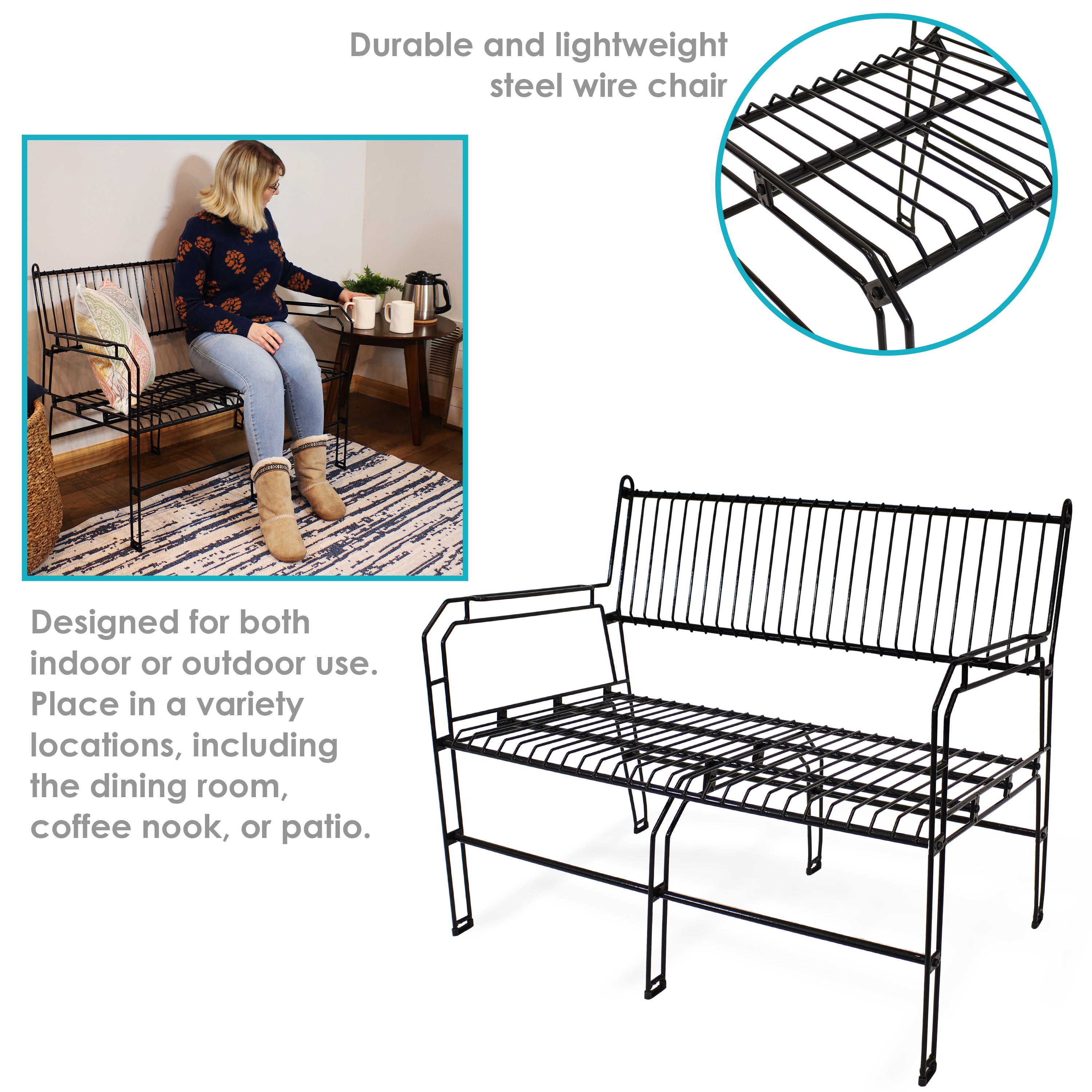Modern Black Metal Patio Bench for 2 Persons - Outdoor Garden, Porch & Backyard Seating - Sunnydaze Durable Weather-Resistant Furniture