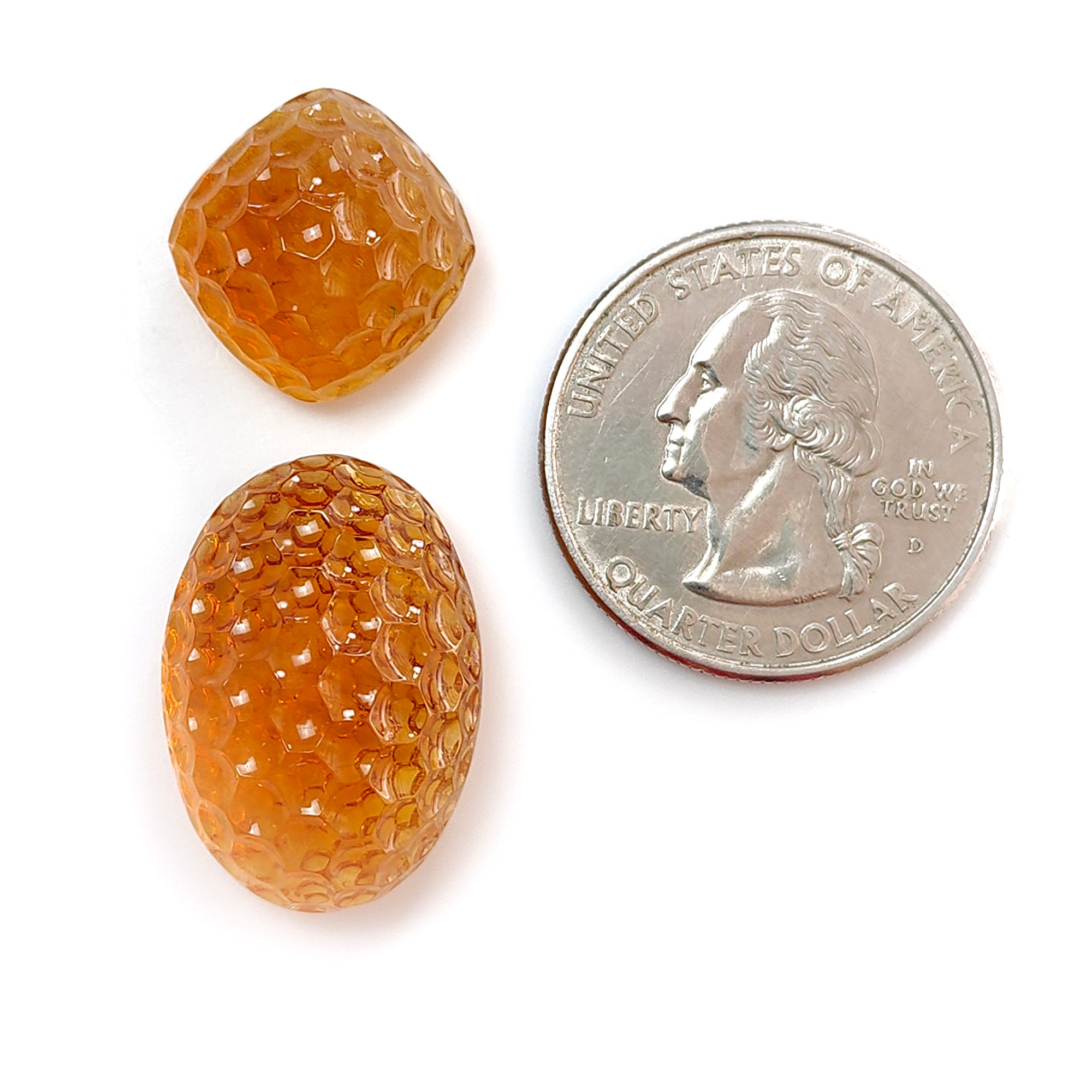 Natural Untreated Yellow Citrine Gemstone Carving - 38.70cts Oval & Cushion Shape (14mm, 19x17mm) 2pcs for Jewelry Making - Perfect for Rings, Pendants & Earrings