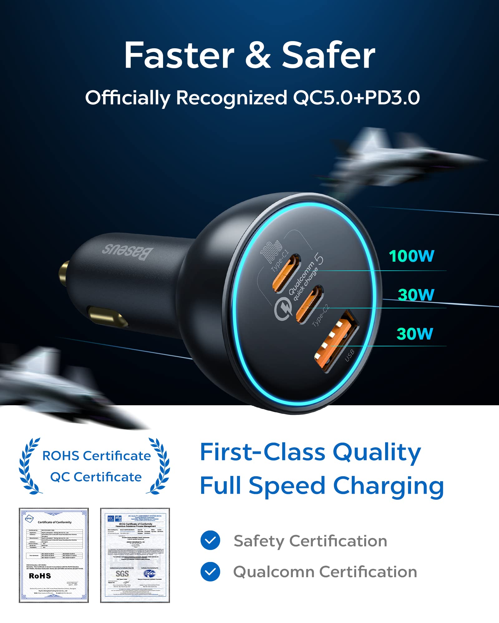 Baseus 160W USB C Car Charger with QC5.0 & PD3.0 - 3 Port Super Fast Charging Adapter for iPhone 15/14/13 Pro, Samsung S22, iPad & MacBook Pro - Perfect for Road Trips & Daily Commute