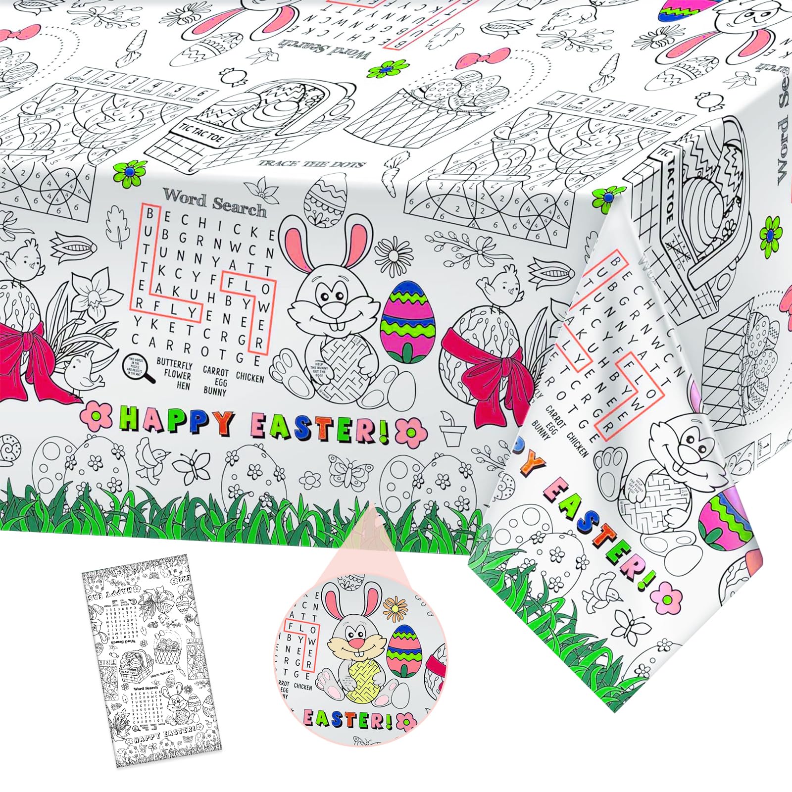 Happy Easter Coloring Tablecloth for Kids - Giant 54 x 108 Inch Easter Bunny Activity Table Cover | Spring Party Decorations, DIY Crafts & Easter Egg Hunt Supplies | Perfect for Classroom Activities & Family Gatherings