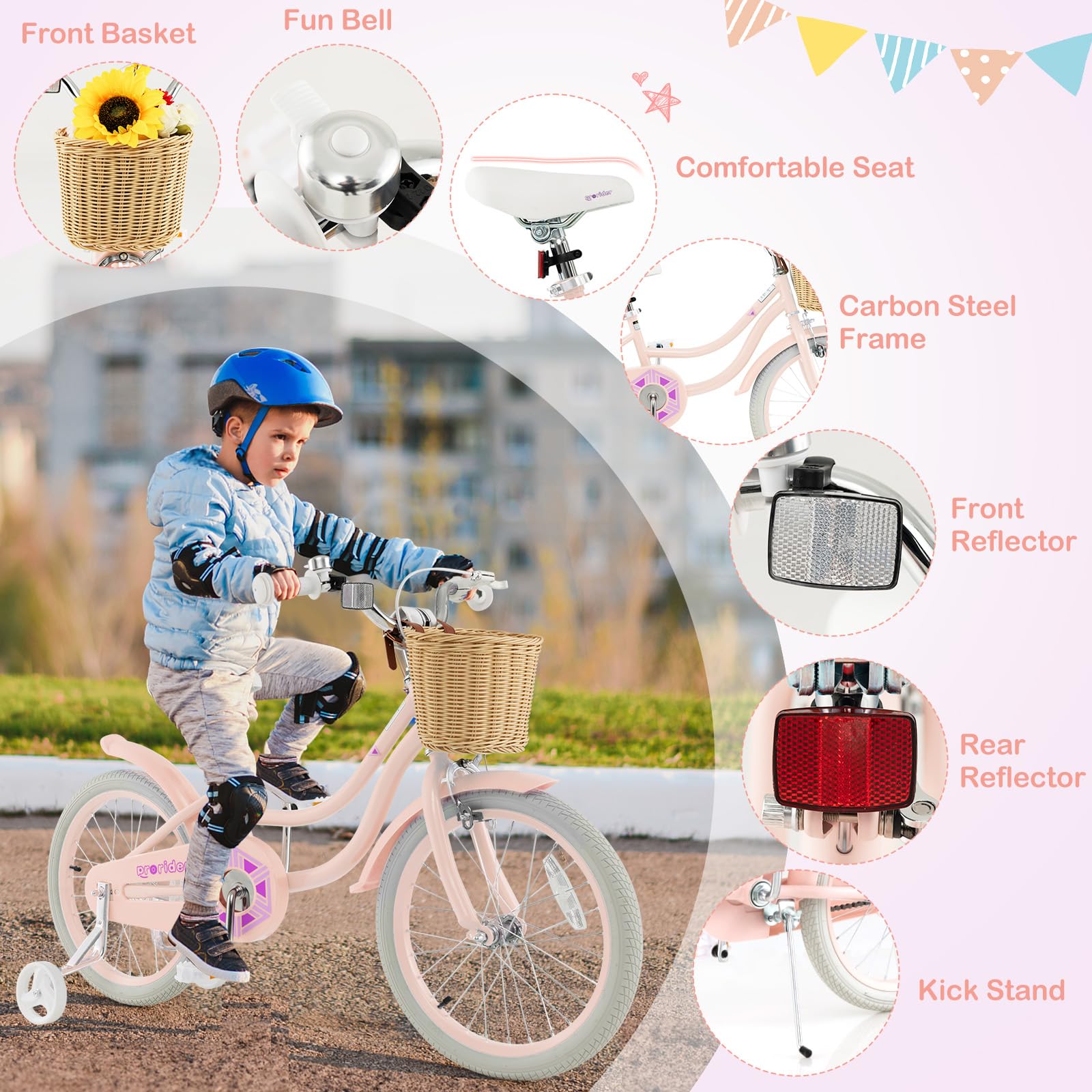 BABY JOY 14 16 18 Inch Kids Bike for Boys & Girls Ages 3-8 - Retro Children's Bicycle with Training Wheels, Adjustable Seat, Rattan Basket & Dual Brakes (Pink, Green, Blue) - Perfect for Neighborhood Rides, Park Adventures & Learning to Cycle