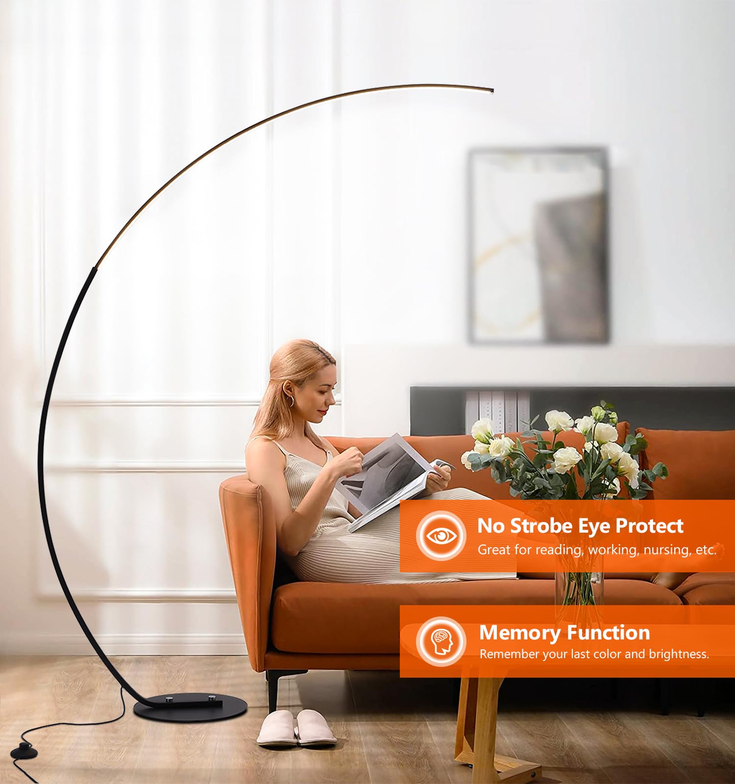 Modern LED Arc Floor Lamp with Remote Control - 25W Dimmable Standing Light (3000K-6000K Adjustable) for Living Room, Bedroom & Office - 170CM Tall Black Reading Lamp - Perfect for Cozy Reading Nooks, Home Office Lighting & Accent Illumination