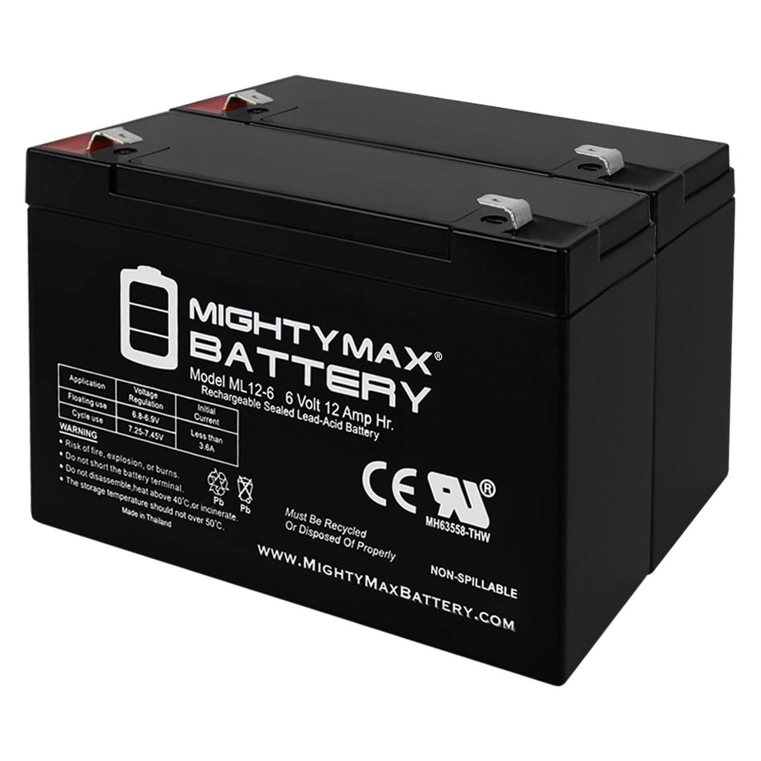 Mighty Max 6V 12AH F2 Rechargeable Battery - 2 Pack for Zareba Solar Low Impedance Chargers | Perfect for Solar Fence Chargers, Security Systems & Off-Grid Power Solutions