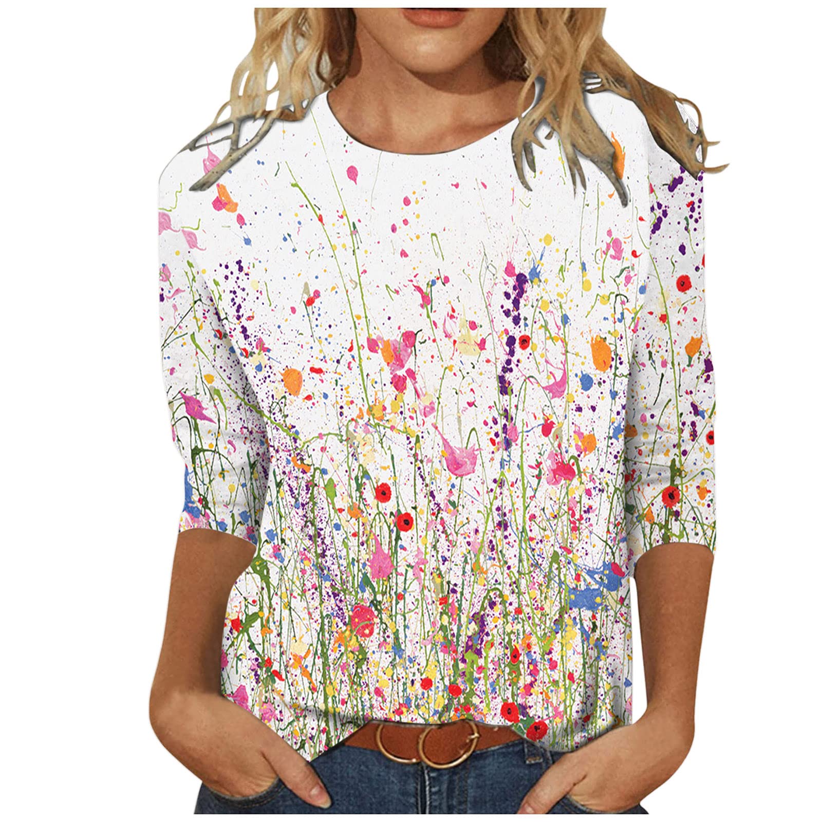 Women's 3/4 Sleeve Boat Neck Floral Print T-Shirt - Loose Fit Casual Plus Size Tops for Going Out & Leisure - Perfect for Spring Outfits, Date Nights & Weekend Wear