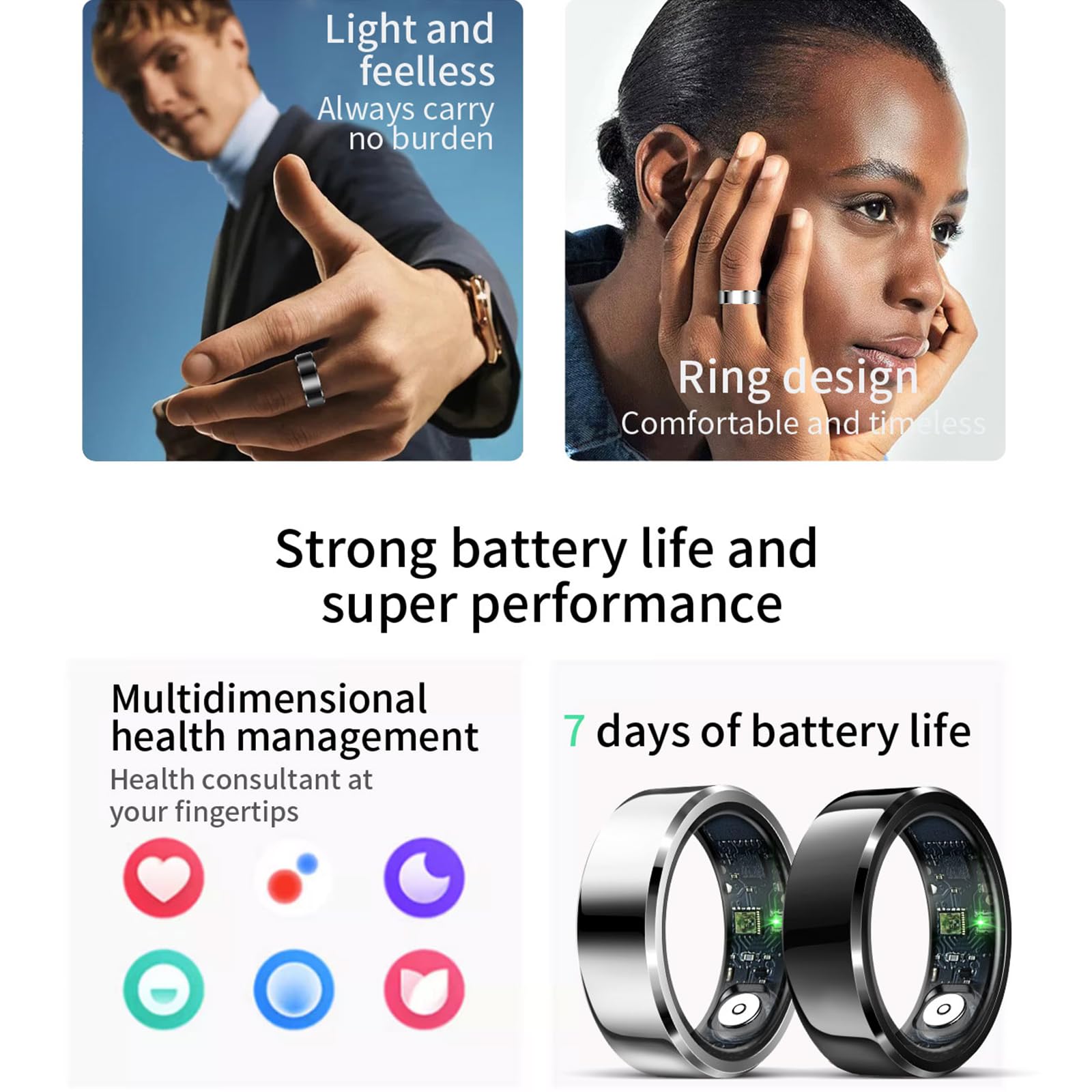 HitTopss Smart Ring – Fitness & Sleep Tracker for Men & Women, Heart Rate & Blood Oxygen Monitor, IP68 Waterproof, No App Subscription Needed (Silver, Size 9) – Perfect for Workouts, Sleep Analysis & Daily Health Tracking