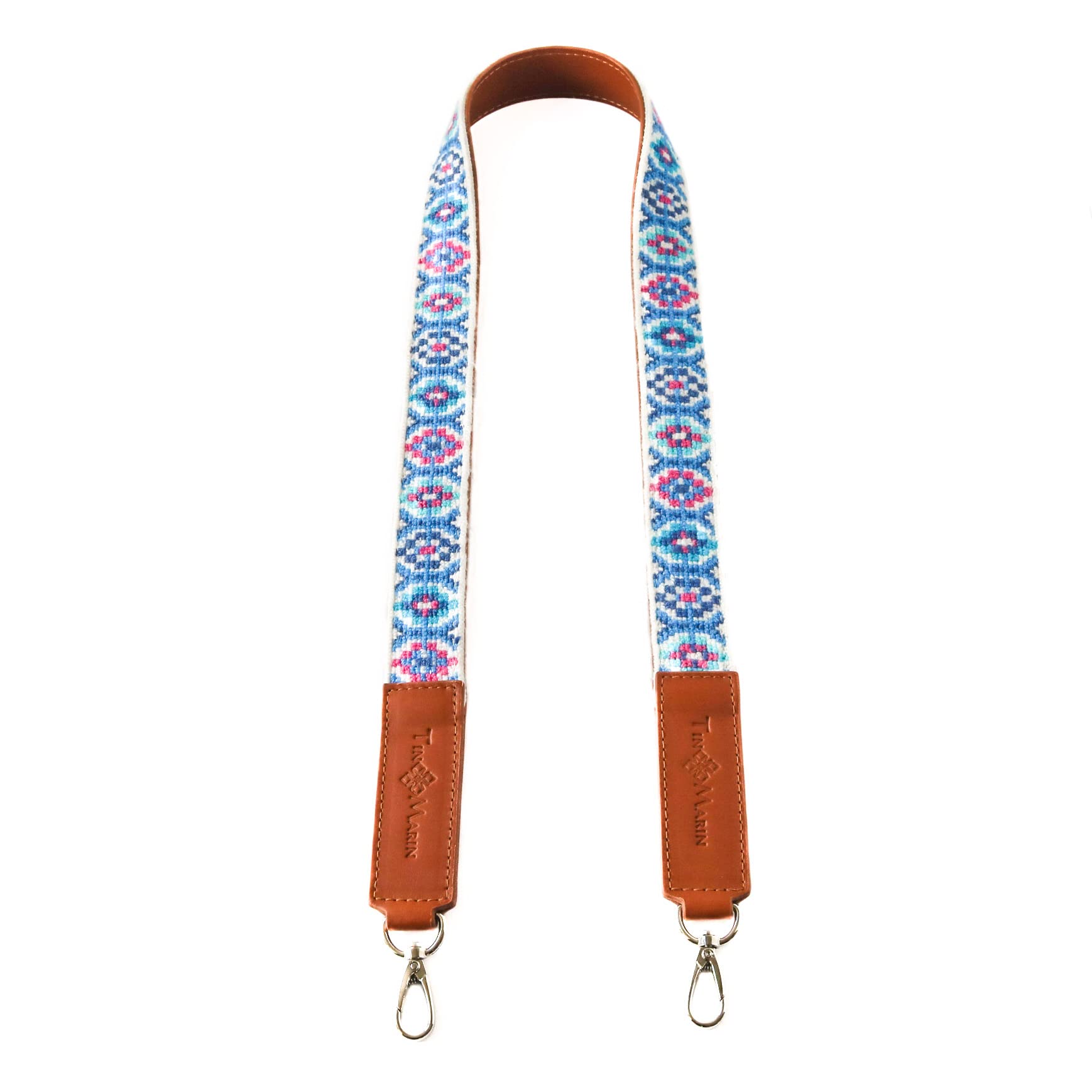 Handmade Embroidered Woven Bag Strap - Blue & Pink with Tan Leather, Adjustable Crossbody Purse Strap Replacement, Wide Shoulder Strap for Handbags, Camera & Luggage - Perfect for Travel, Shopping & Everyday Use