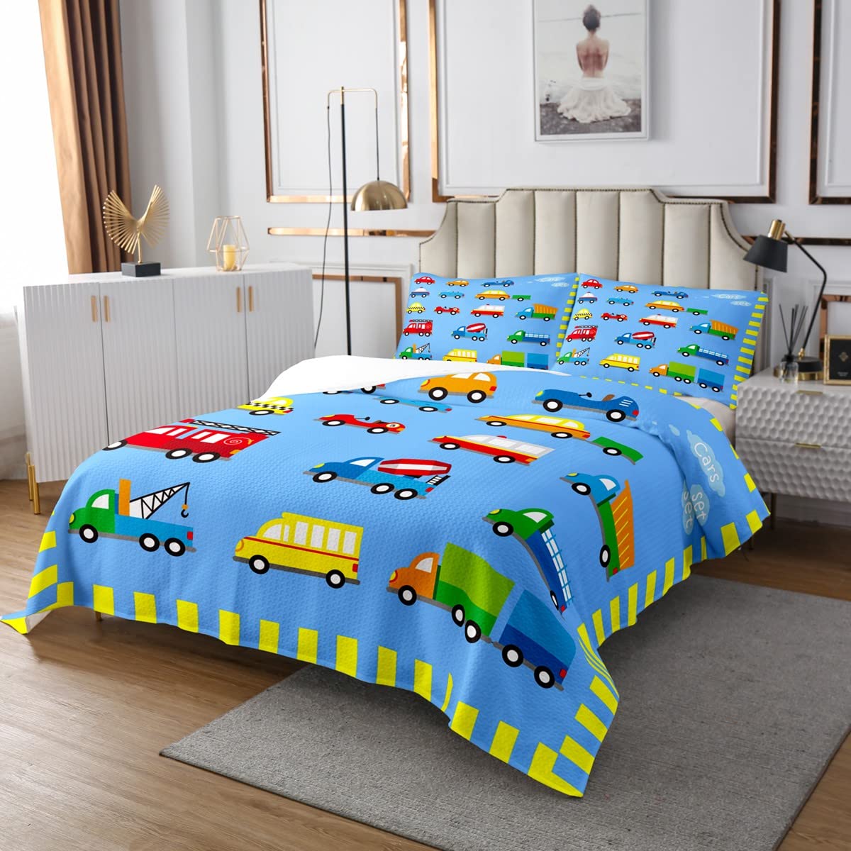 **Jejeloiu Kids Construction Bedspread Set - Tractor Truck Car Theme Bedding for Boys & Girls, King Size with 2 Pillowcases - Perfect for Nursery, Bedroom Decor & Gift**