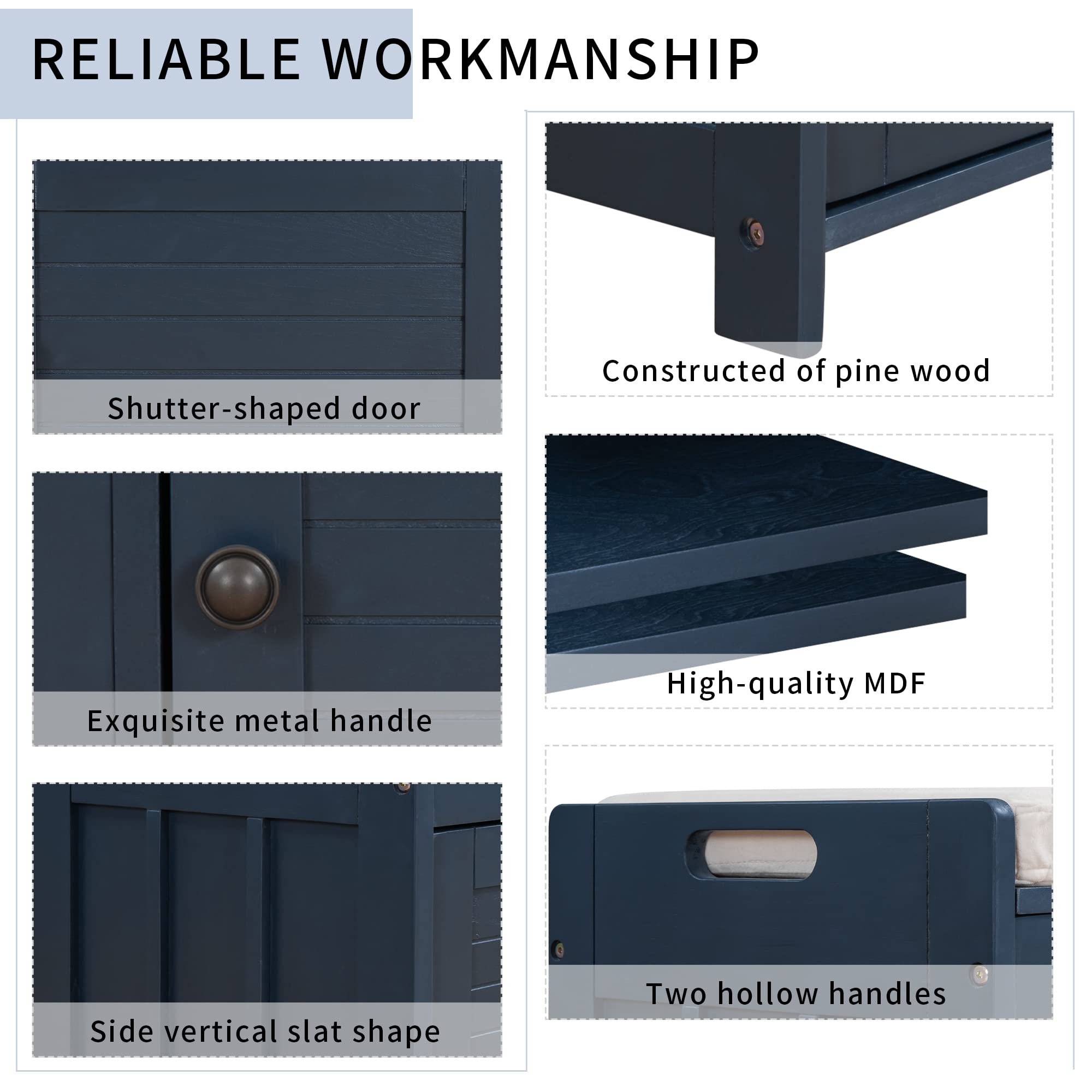 SOFTSEA Shoe Storage Bench with Shutter Doors - Entryway Organizer Bench with Removable Cushion & Hidden Storage Compartment - Perfect for Hallway, Mudroom & Small Space Organization (Antique Navy, Assembly Required)