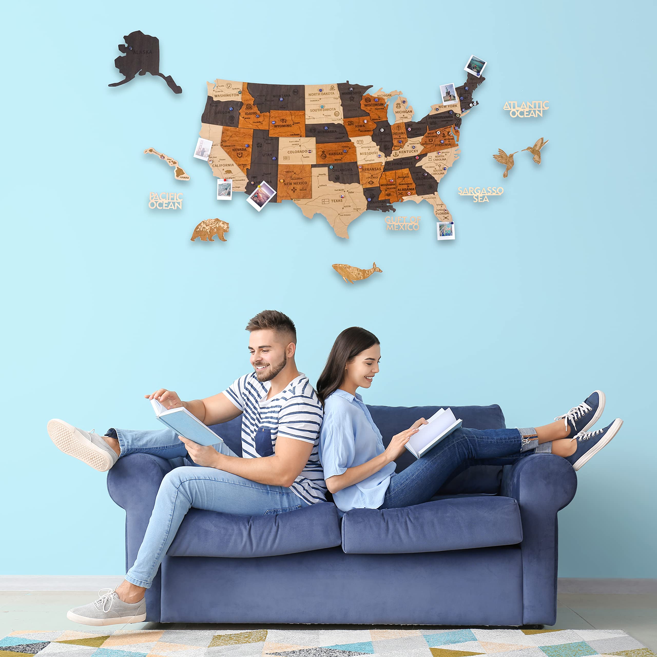 3D Wooden USA Map Wall Art - Patriotic Home Decor for 4th of July, Travel Lovers & New Home Gifts - Push Pin Map with Wall Stickers - Perfect for Office, Living Room & Housewarming Presents (Men & Women)