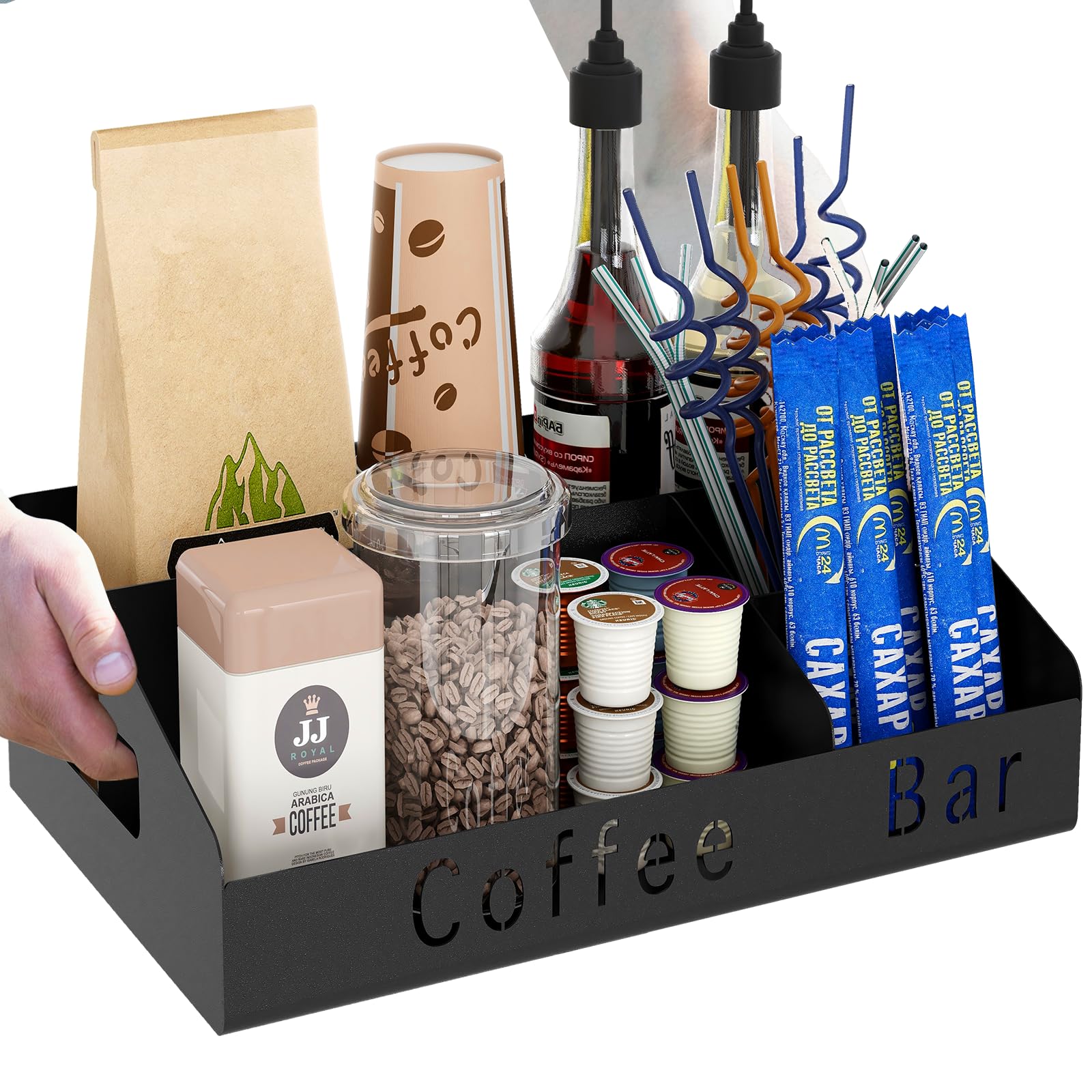 Black Metal Coffee Bar Organizer - Countertop Coffee Station with K-Cup Holder, Syrup & Stirrer Storage - Perfect for Kitchen, Office or Dorm Coffee Setup