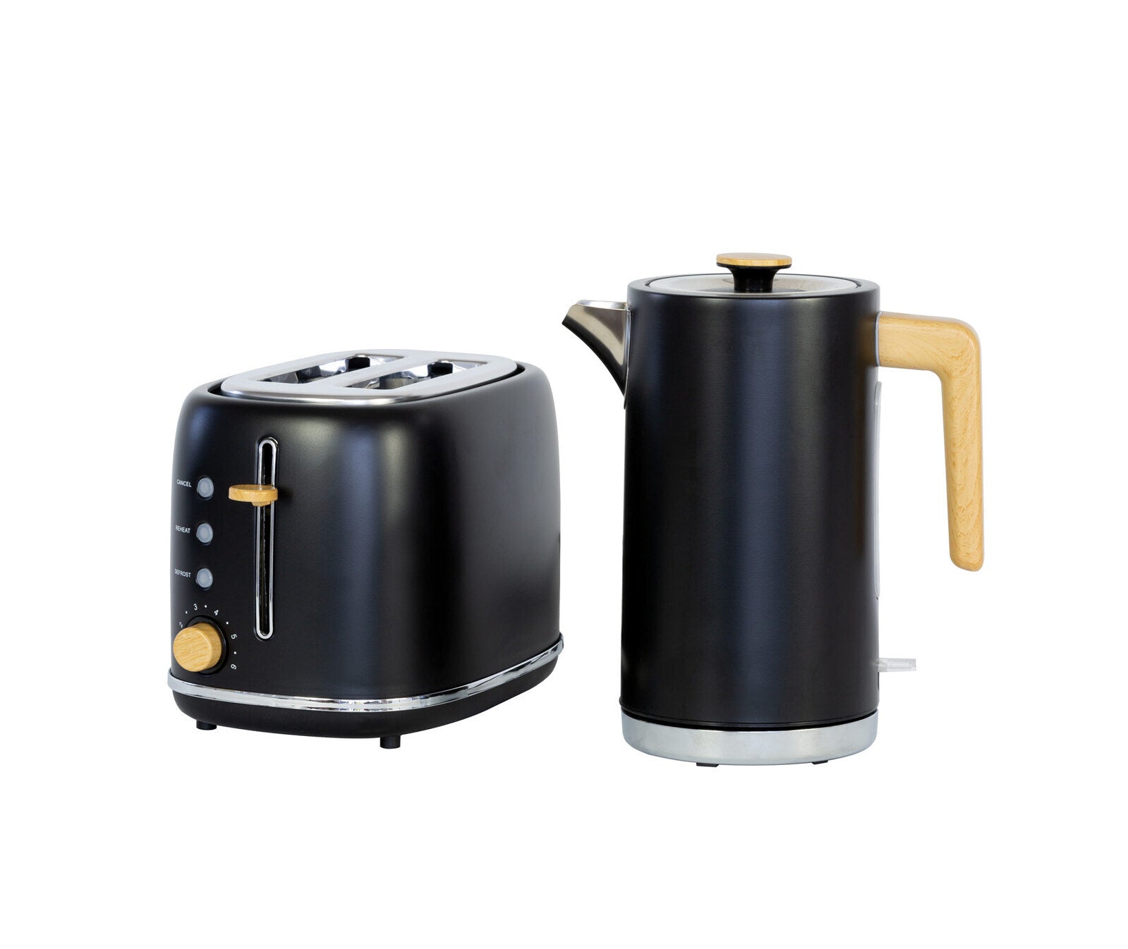 1.7L Black Kitchen Kettle & 2-Slice Toaster Set with Wood Accents - Perfect for Breakfast, Tea Time & Small Kitchen Spaces