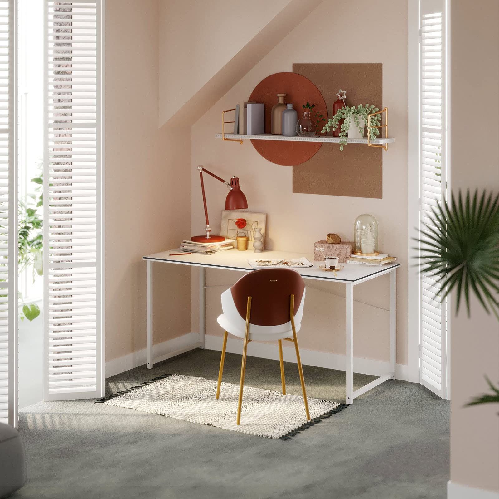 Modern Simple High-Level Color Matching Computer Desk - 55 Inch Home Office Desk & Makeup Vanity Table in White | Perfect for Small Spaces, Gaming Setup & Work from Home