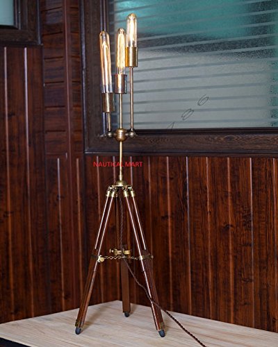 Vintage Industrial Teak Wood Tripod Table Lamp with 3 Adjustable Arms - Perfect for Living Room, Bedroom, or Office Lighting Decor