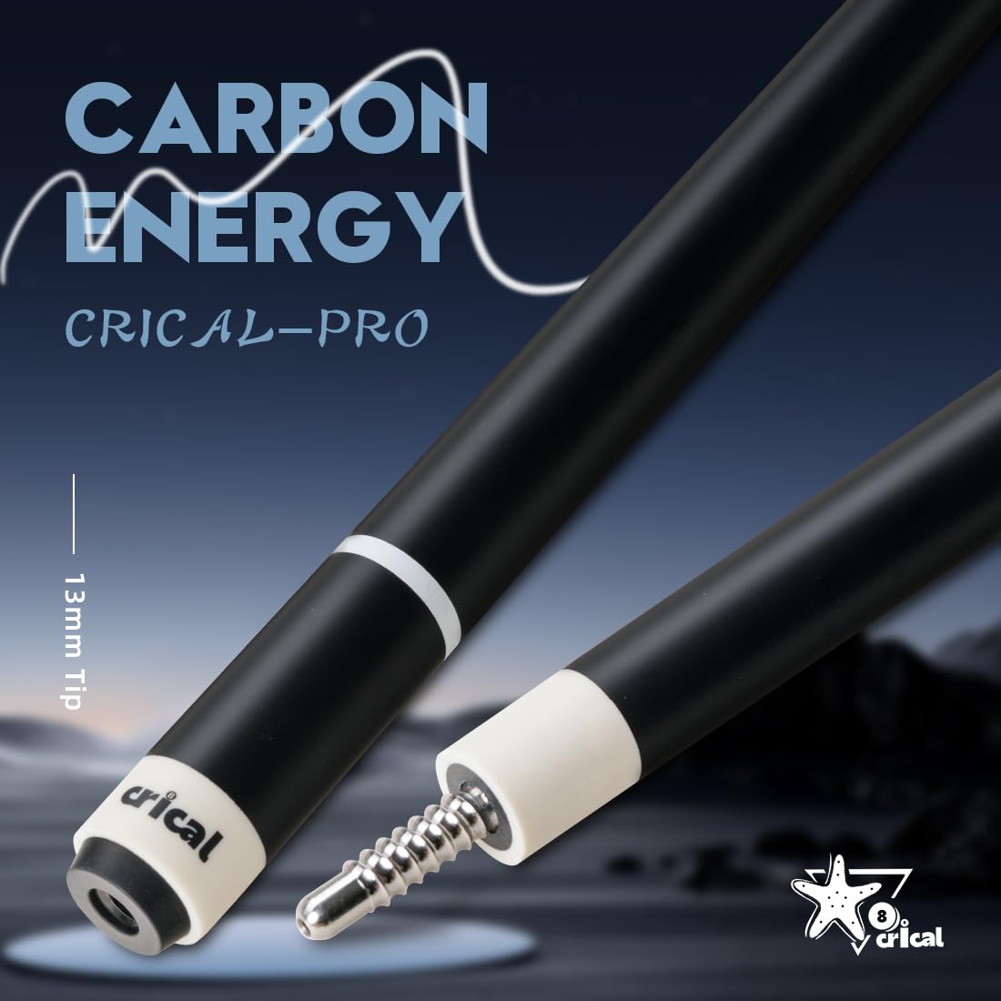 CRICAL 58英寸专业低偏转碳纤维台球杆 | 3/8*8螺纹接口配12.5mm皮头 | 比赛练习用美式九球/斯诺克/中式八球杆