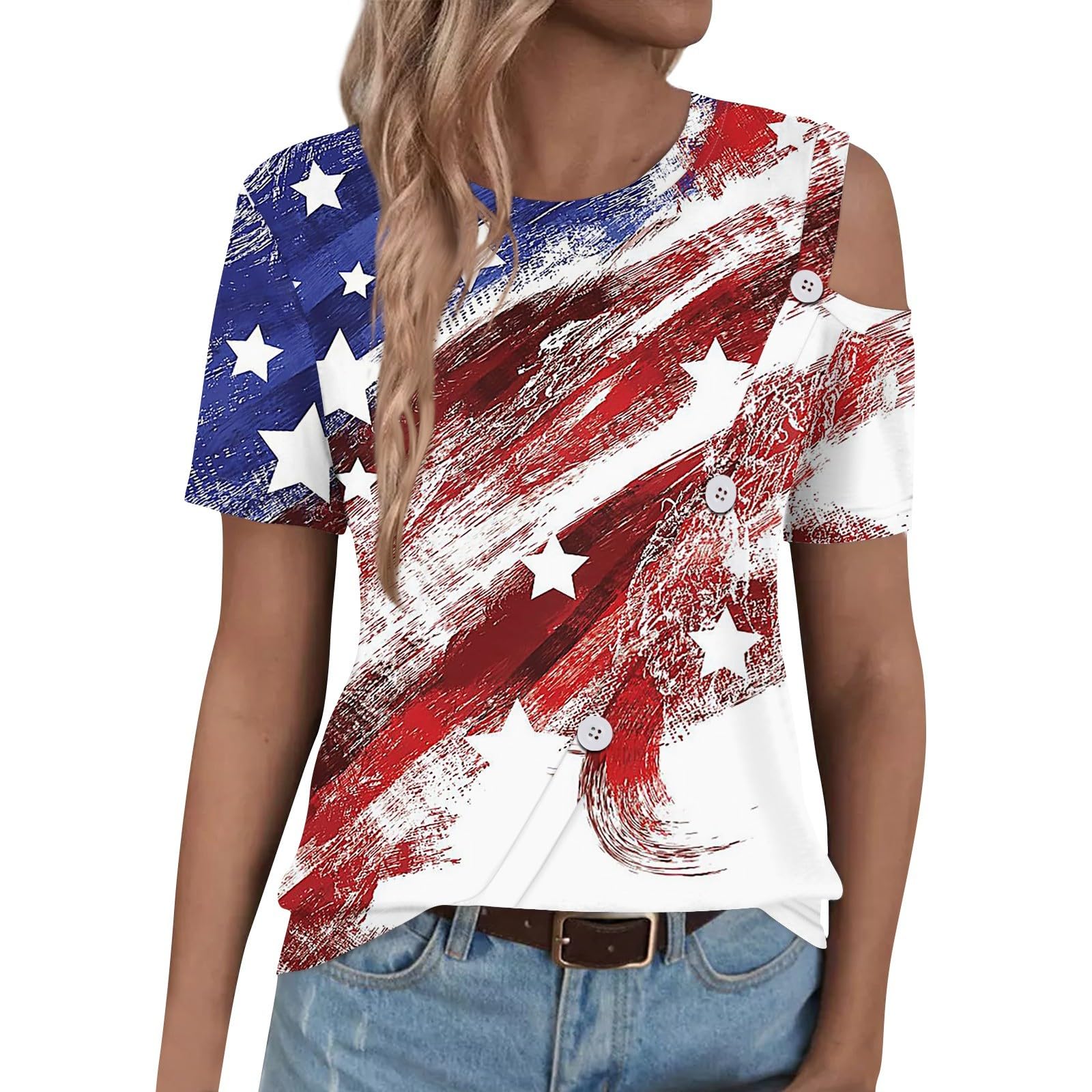 Women's Cold Shoulder Tops - Summer Short Sleeve Striped Star Graphic Tunic Blouse for 4th of July | Beige Casual Shirt for Beach Outings & Patriotic Celebrations