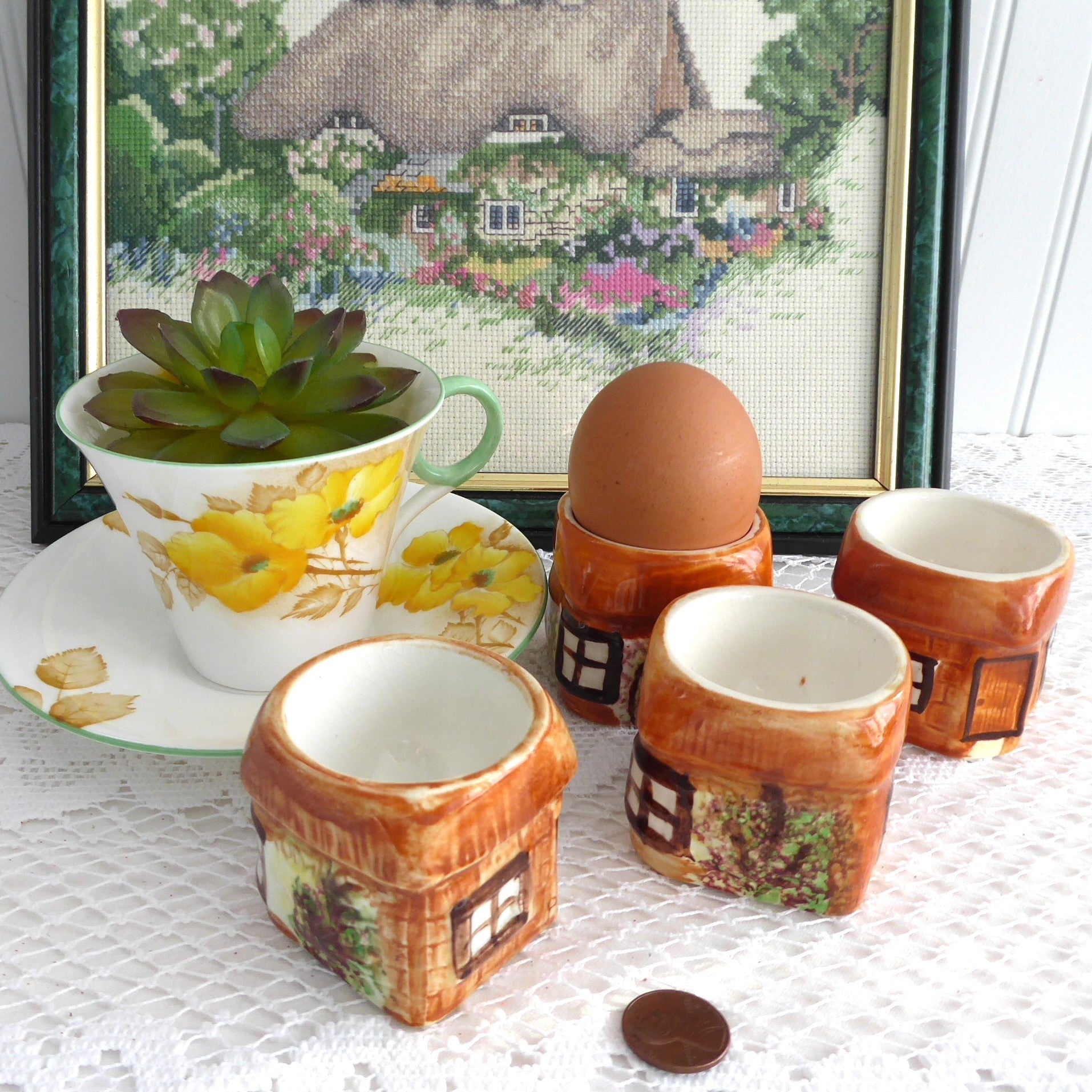 Vintage Hand-Painted Cottageware Egg Cups Set of 4 - Kensington England 1950s Collectible Tableware for Breakfast, Tea Parties & Antique Decor