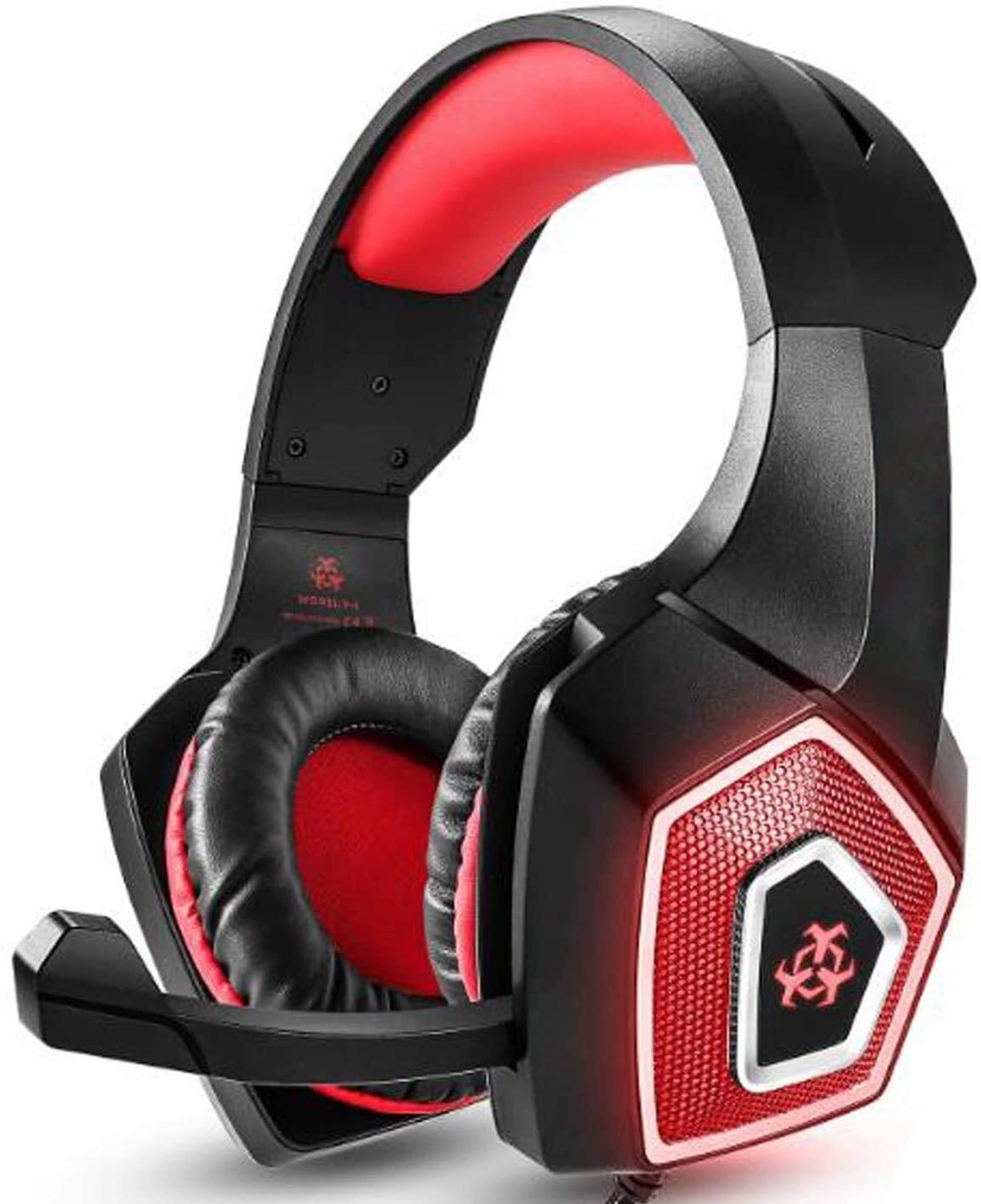 AMOSD RGB Gaming Headset with Mic - Universal Wired Headphones for PC, PS4, PS5, Xbox - Noise Cancelling for LOL, PUBG, Fortnite (Red) - Perfect for Esports, Streaming & Late Night Gaming