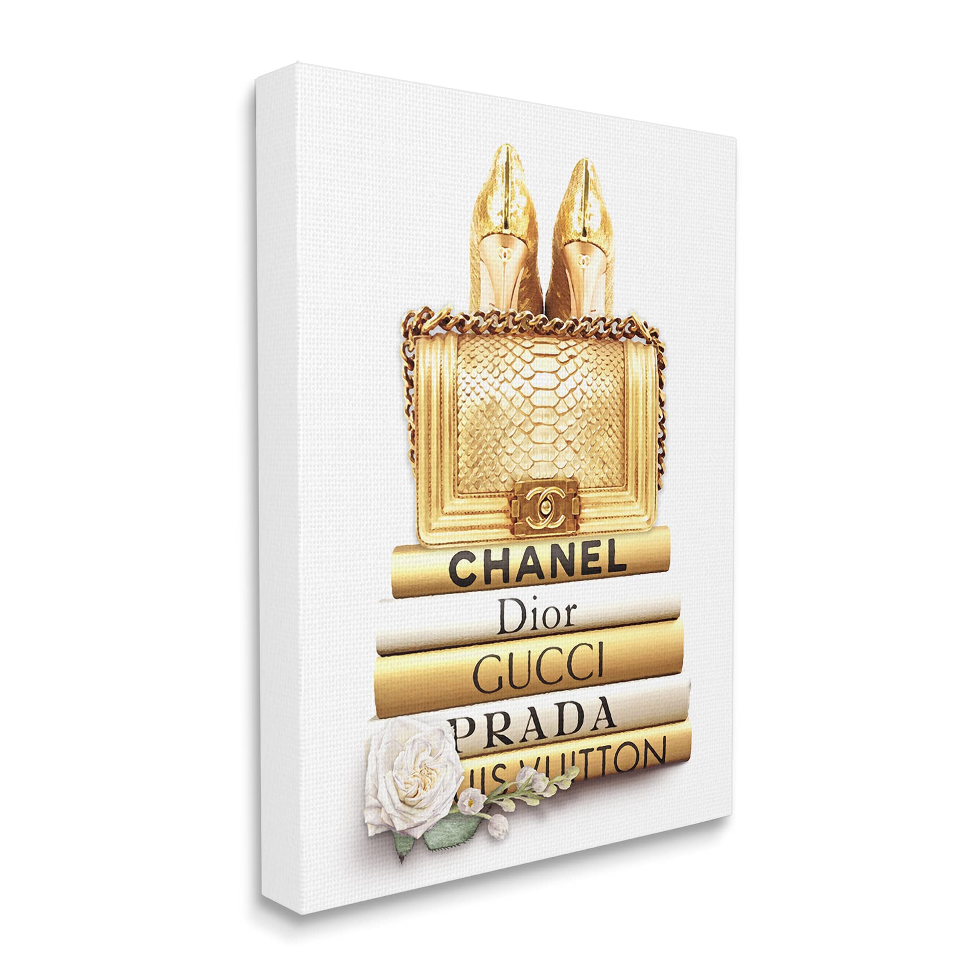 Stupell Industries Divine Golden Fashion Purse Wall Art - Glam Designer Bookstack Canvas Print by ROS Ruseva - Elegant Gold Home Decor for Living Room, Bedroom or Office