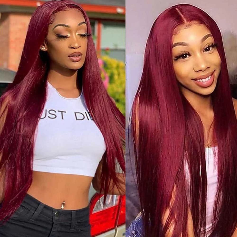 Qihang Long Red Lace Front Wig - 24 Inch Silk Straight Burgundy Synthetic Hair with 4x4 Lace - Heat Resistant for Women - Perfect for Parties, Cosplay & Daily Wear