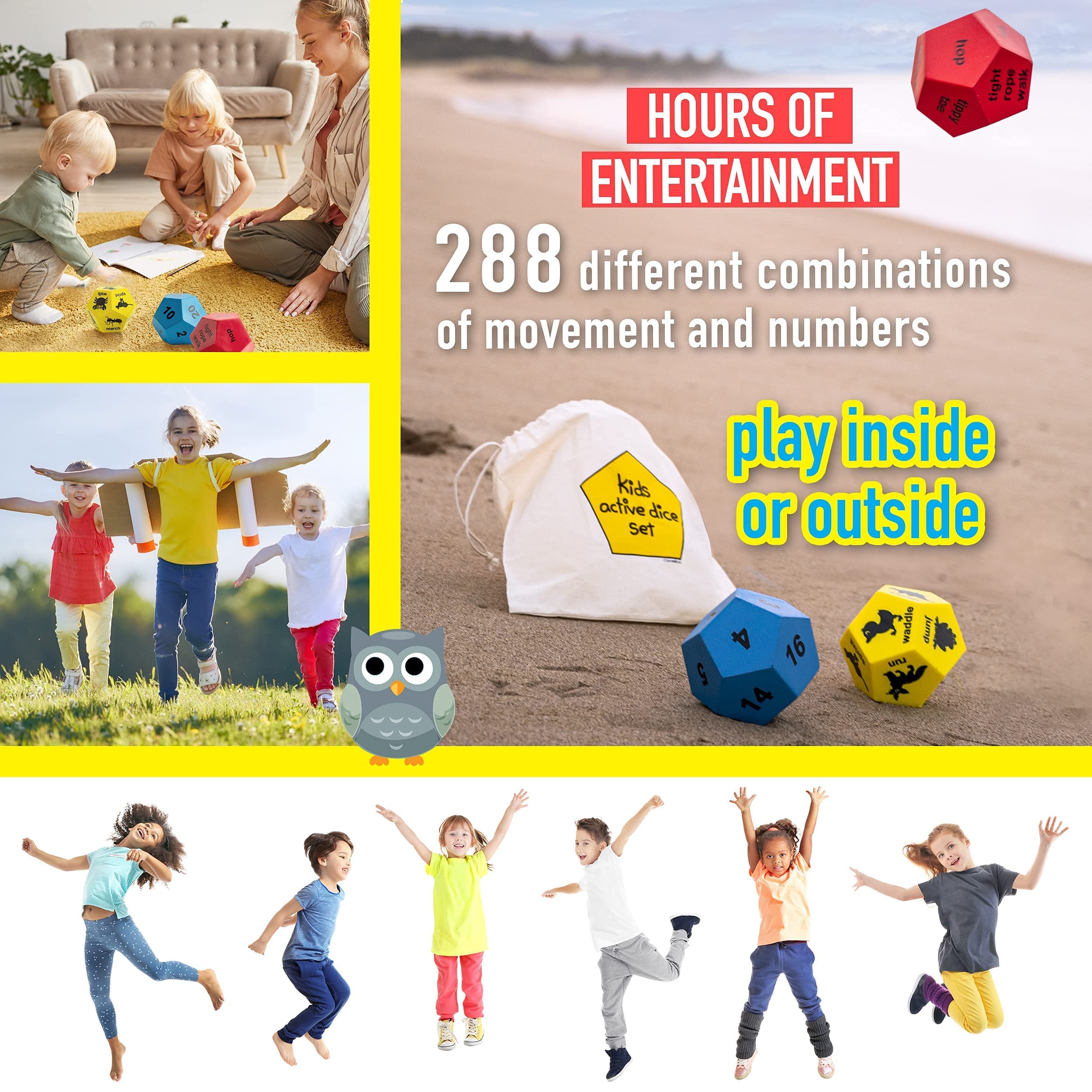 Fun Exercise Dice for Kids - Indoor & Outdoor PE Equipment, Active Play Toys for Toddlers & Children in Preschool, Kindergarten & Elementary School - Perfect for Recess, Gym Class & Home Playtime