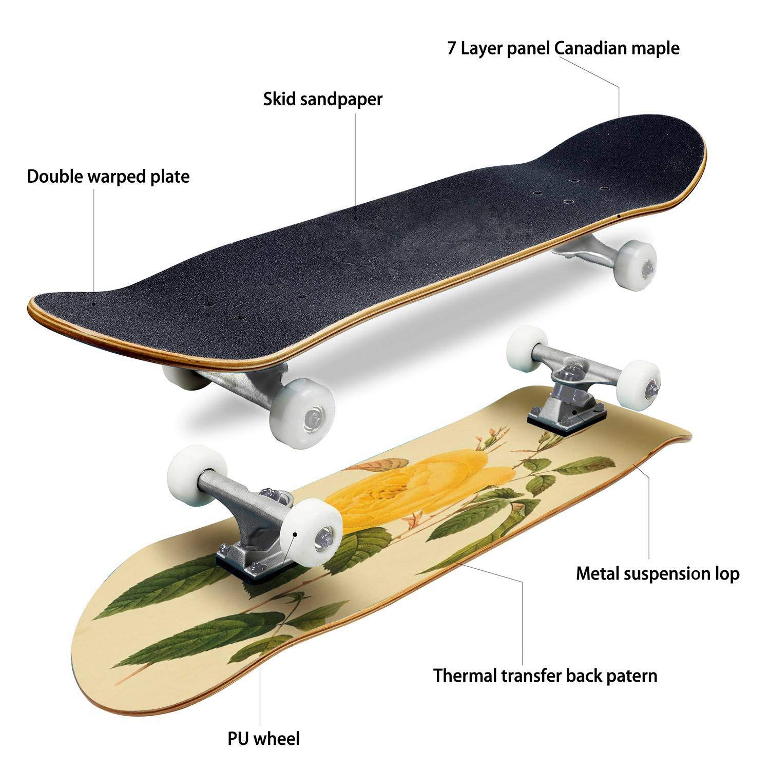 Yellow Tea Rose & Green Leaves Classic Concave Skateboard - Premium Longboard for Beginners & Pros | Extreme Sports, Teen Gifts, Cool Stuff | Perfect for Street Skating, Commuting & Skatepark Tricks