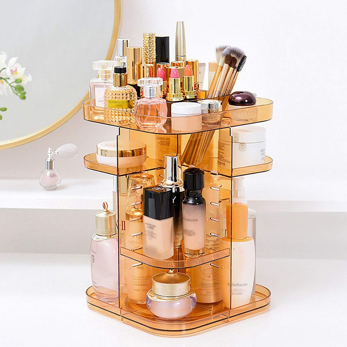 Rotating Makeup Organizer with Skincare Storage - 360° Spinning Cosmetic Holder for Vanity, Bathroom & Travel - TOPBATHY Desktop Makeup Storage Rack for Cosmetics, Brushes & Beauty Products