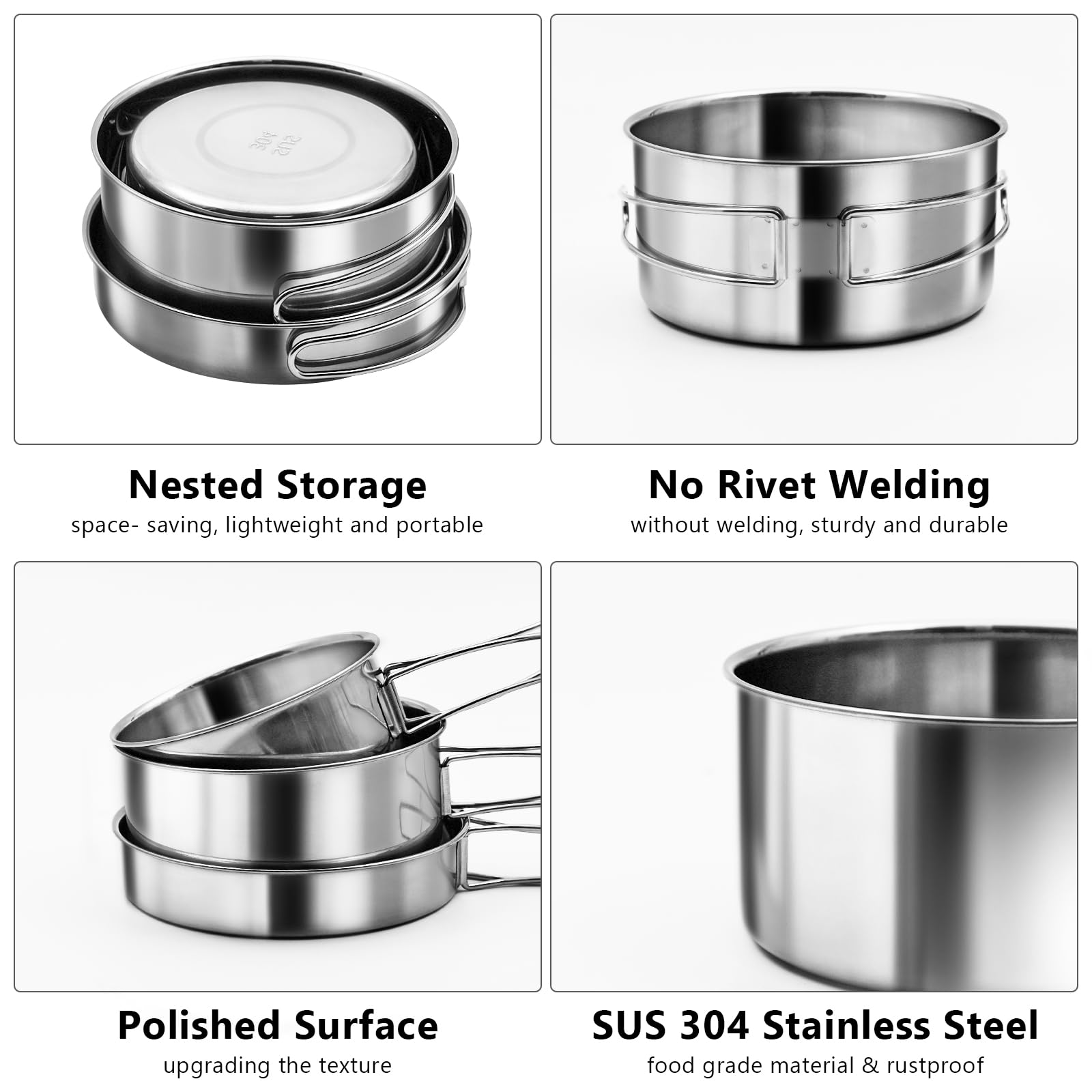 Premium 18/8 Stainless Steel Camping Cookware Set - 4-Piece Lightweight Backpacking Cook Pot Kit with Lid | Durable Outdoor Cooking Messware for Camping, Hiking, Picnics & Emergency Preparedness