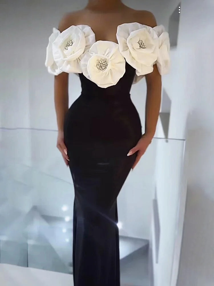 2024 New Women's Sexy Floral Off-Shoulder Bodycon Bandage Long Dress for Evening Parties, Date Nights & Special Occasions - Elegant & Fashionable Celebration Gown