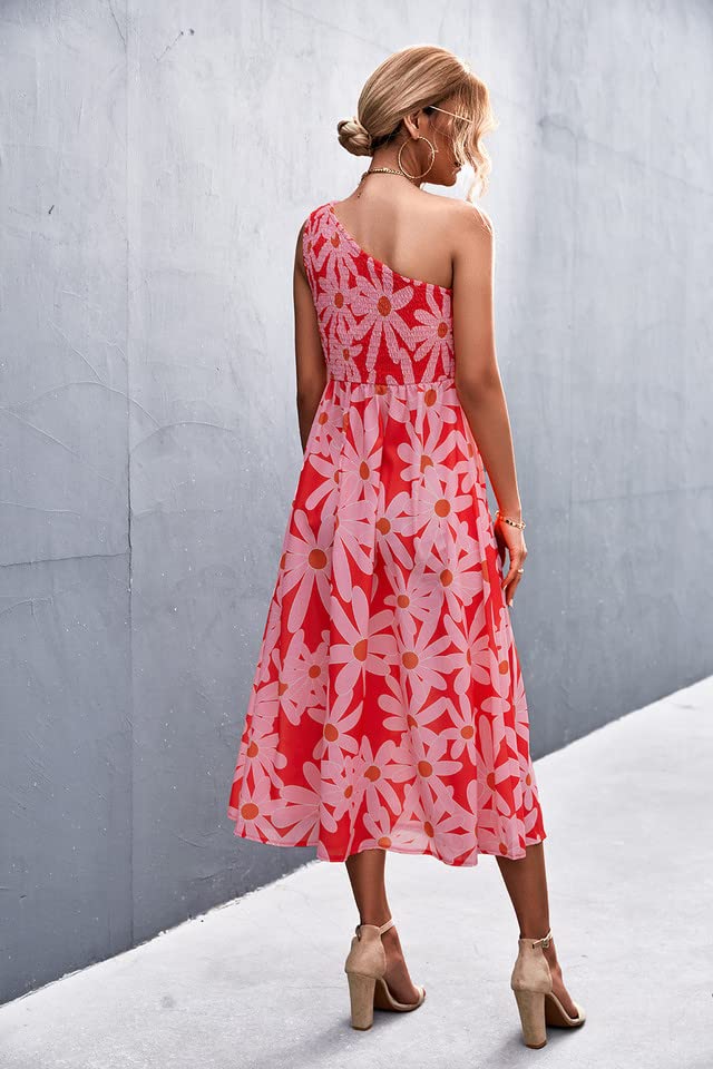 Women's Floral One Shoulder Midi Dress - 2022 Summer Boho Chic Ruffled Sleeveless Tunic Dress for Beach Vacation, Date Night & Casual Outings