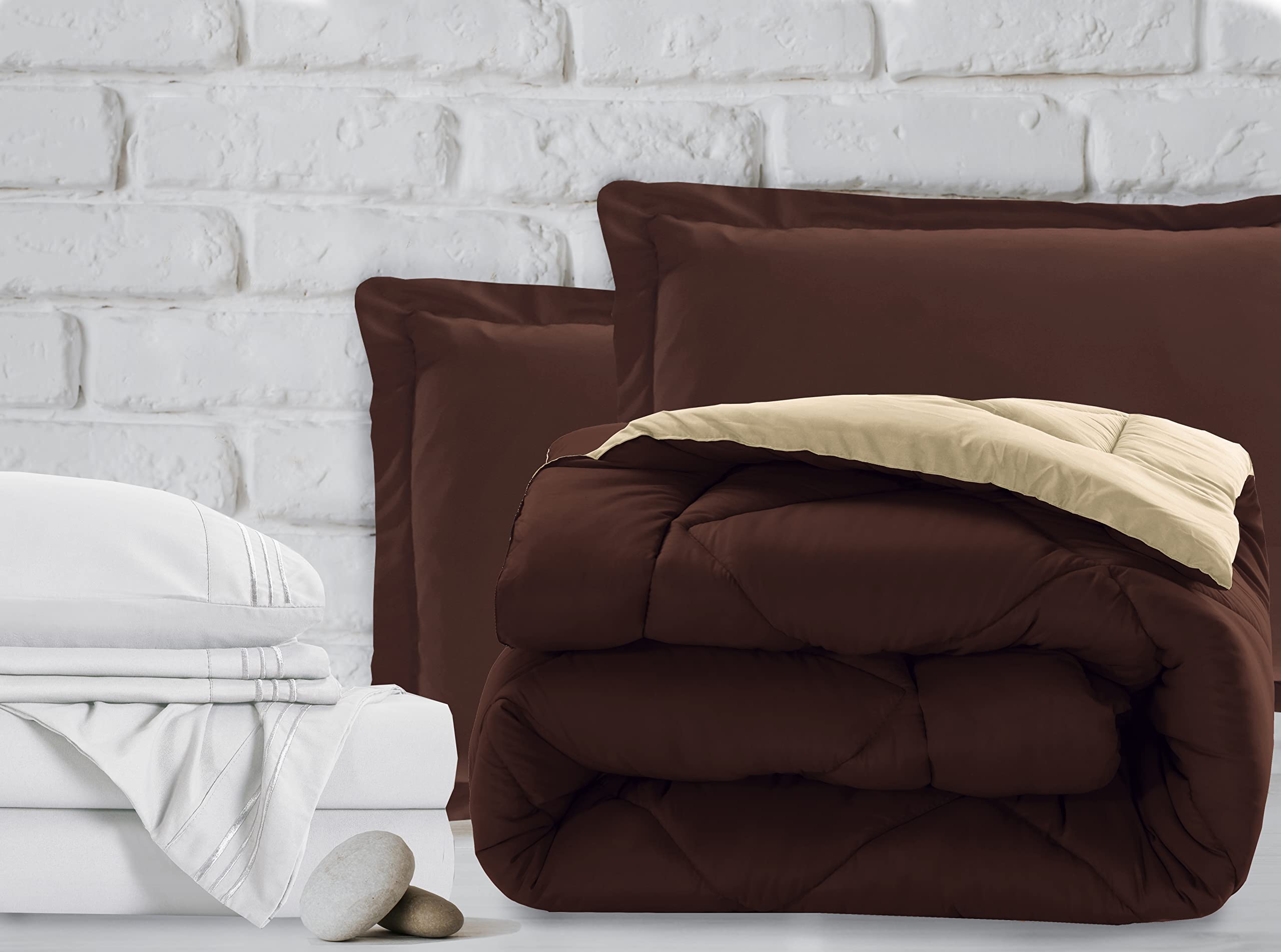 Luxury 7-Piece Bed in a Bag Comforter Set - 1500 Thread Count Twin Size Bedding, Wrinkle & Stain Resistant, Super Soft & Cozy, Brown/Cream - Perfect for Guest Rooms, Dorms & Cozy Bedrooms