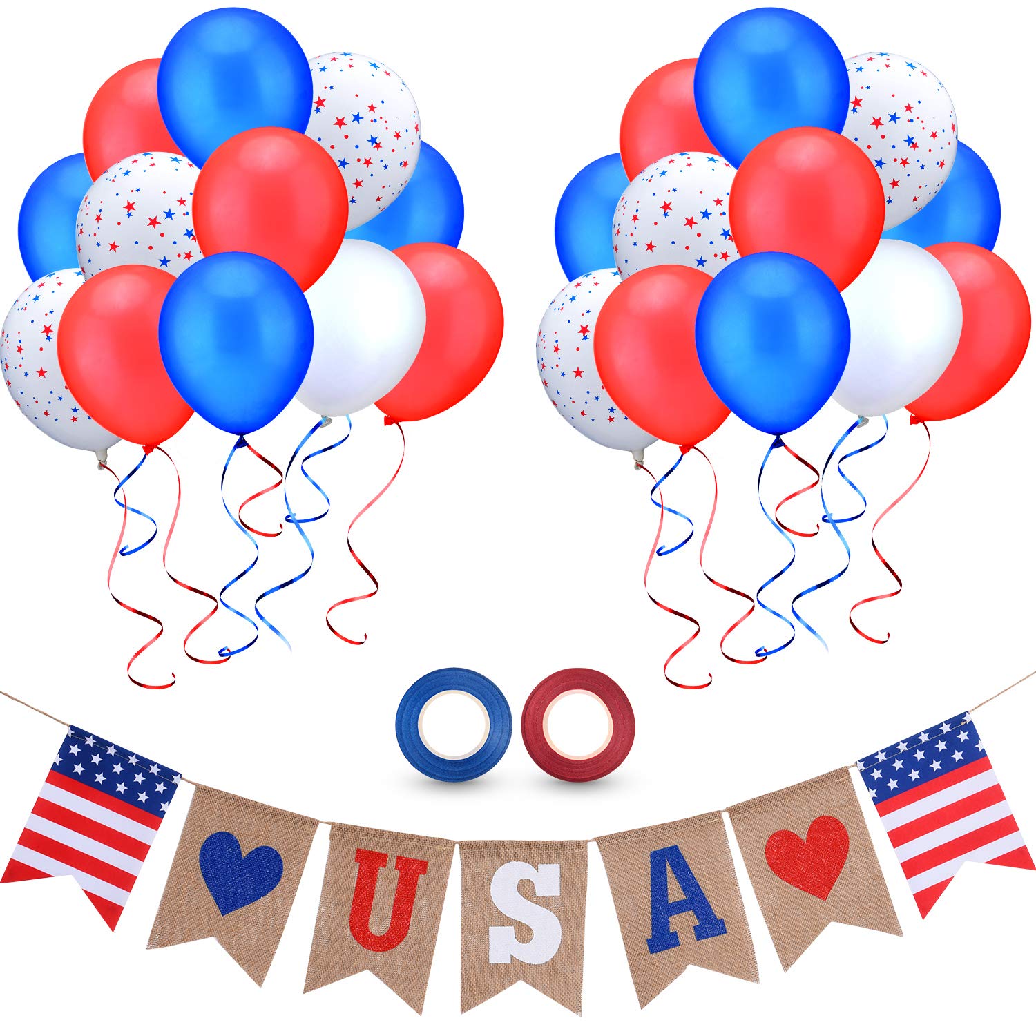 July 4th Patriotic Party Decorations - USA Flag Burlap Banner & Red White Blue Star Balloons Set with 2 Ribbons for Independence Day, Memorial Day, Veterans Day Celebrations | Perfect for Backyard BBQs, Parades and Festive Home Decor