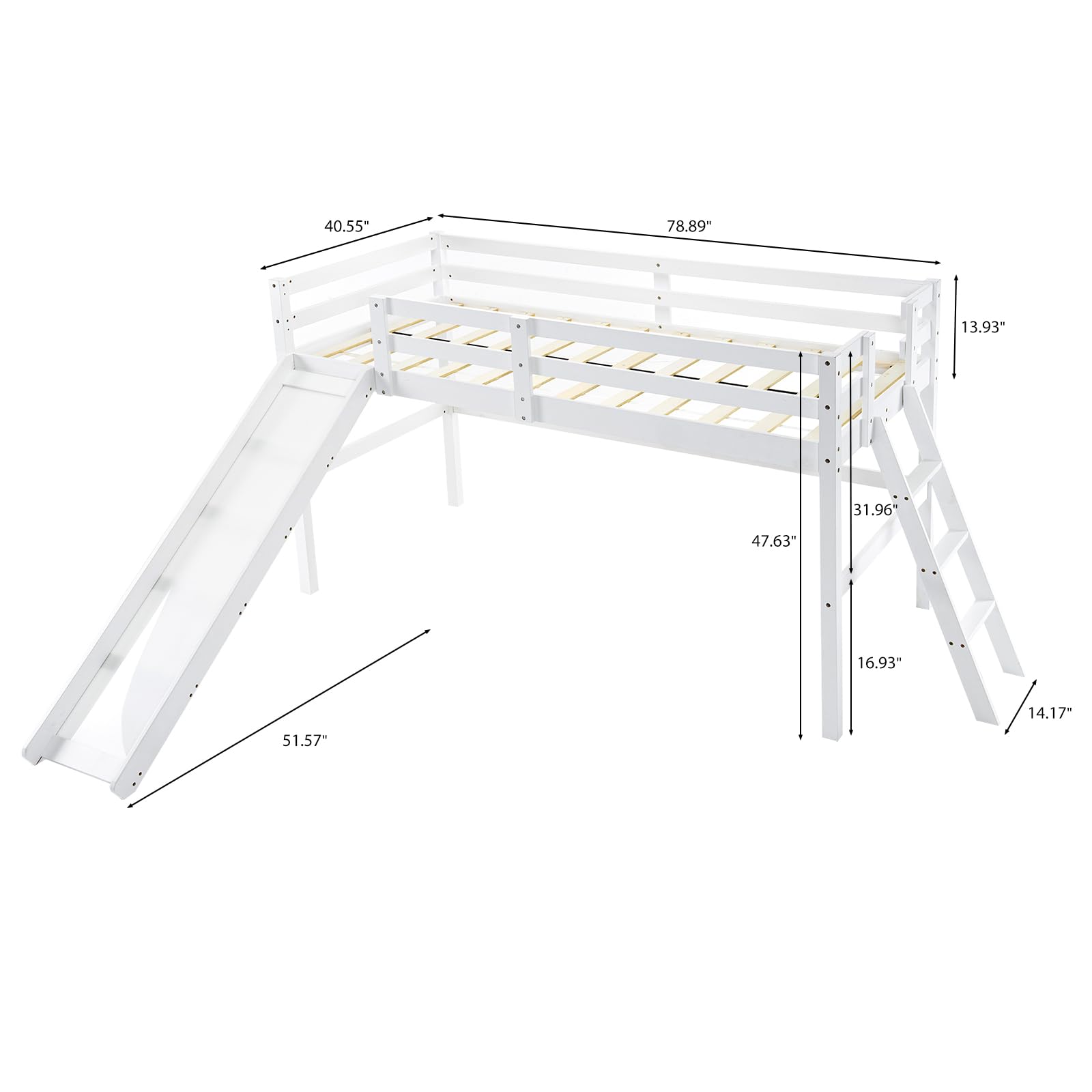VINGLI Twin Loft Bed with Slide - Space Saving Kids Low Loft Bed with Guardrail & Ladder - Sturdy Pine Wood Bed Frame for Boys & Girls (White) - Perfect for Small Bedrooms & Playrooms