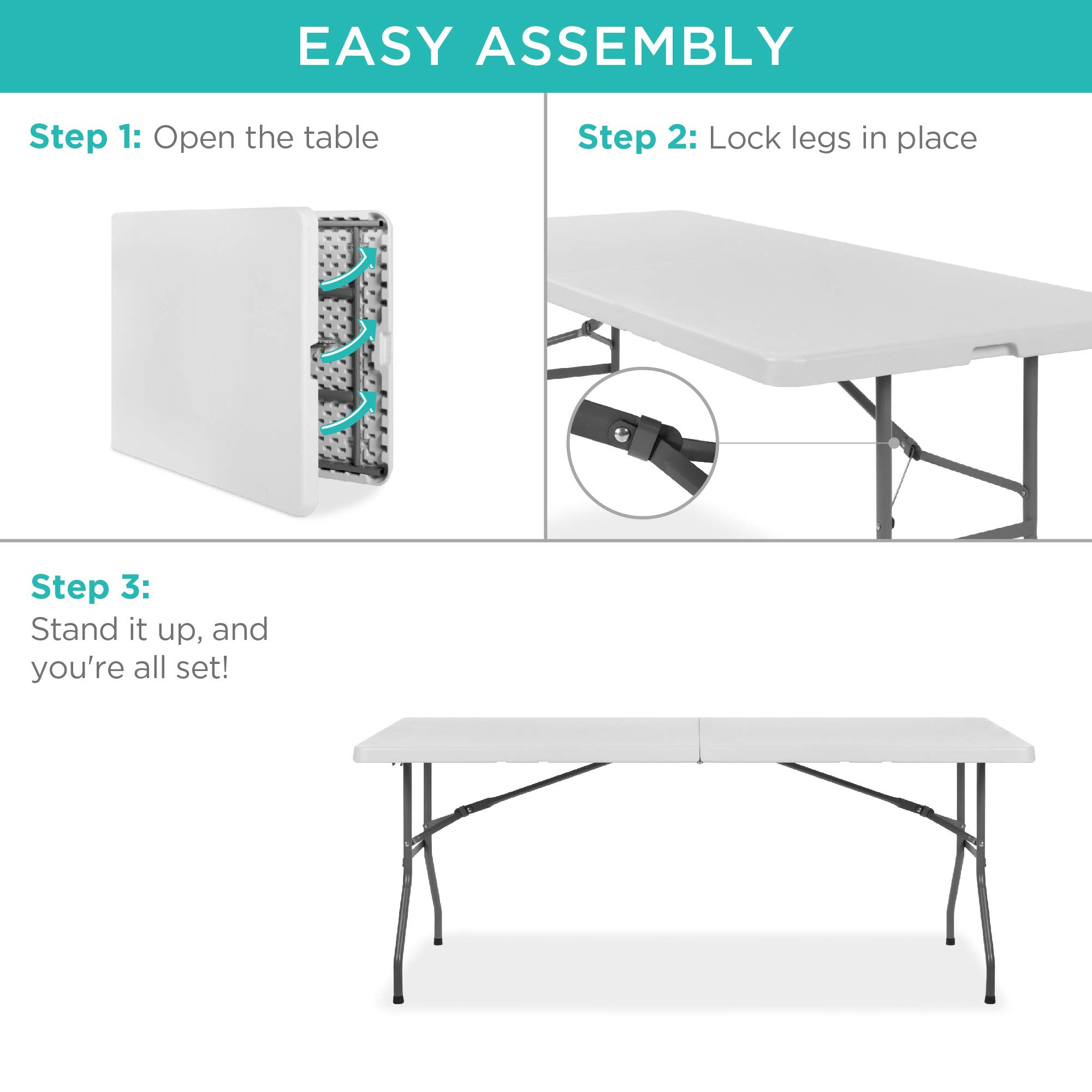 Best Choice Products 6ft Heavy Duty Folding Plastic Table - Portable Indoor Outdoor Table with Handle & Lock for Picnic, Party, Camping, BBQ, Tailgating & Home Use - White