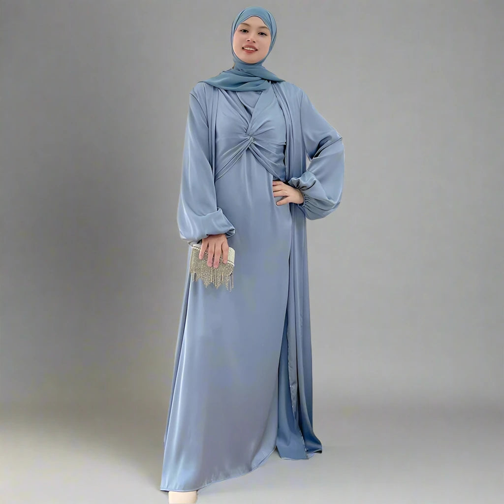 3-Piece Satin Open Abaya Dress Set for Muslim Women - Elegant Prayer Dress for Mosque, Eid & Special Occasions