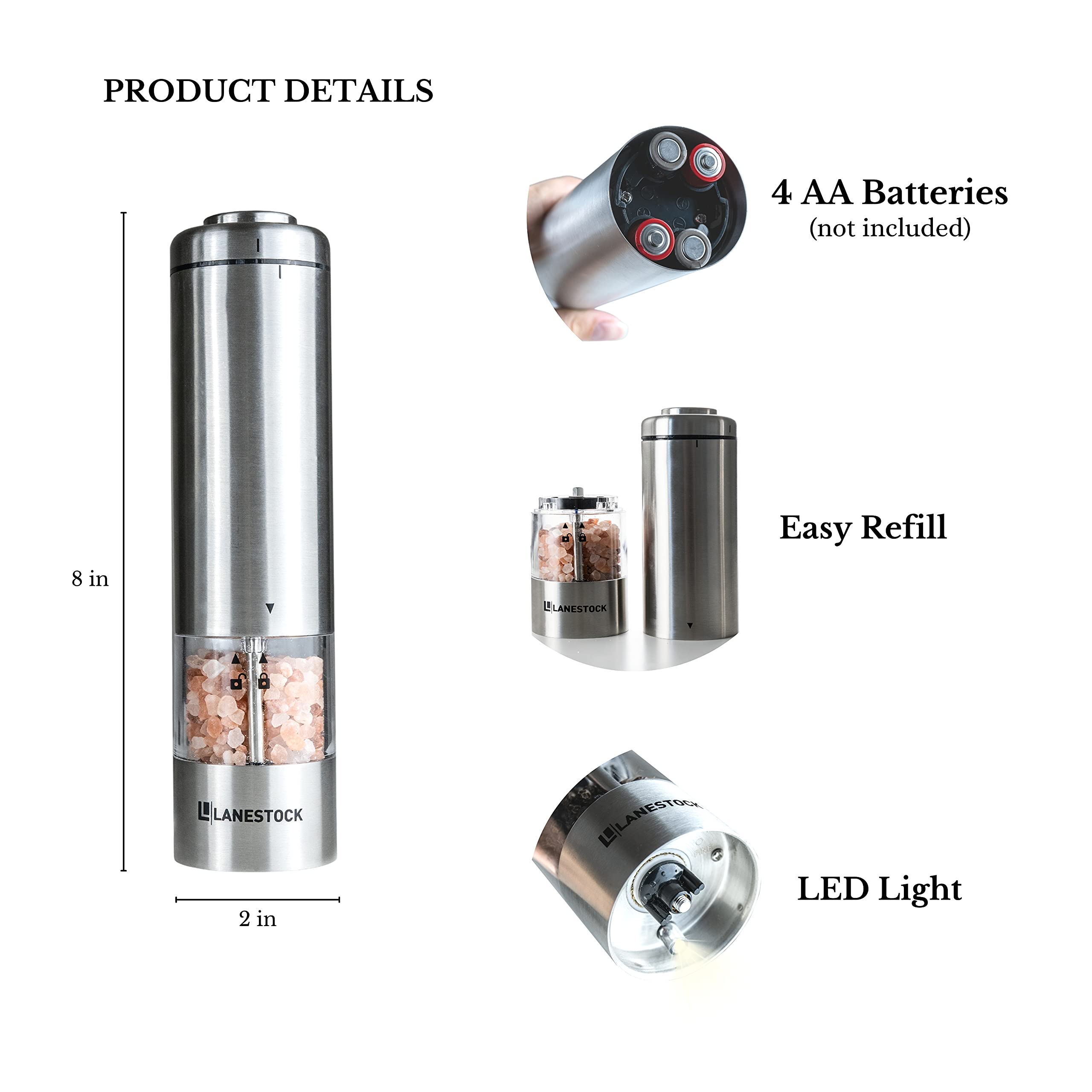 Premium Electric Salt and Pepper Grinder Set by Lanestock - Battery Operated Stainless Steel Spice Mills with Stand - Adjustable Coarseness & Built-in LED Light - Powerful Motor for Long-Lasting Performance - Perfect for Kitchen, Dining Table, and Restaurant Use