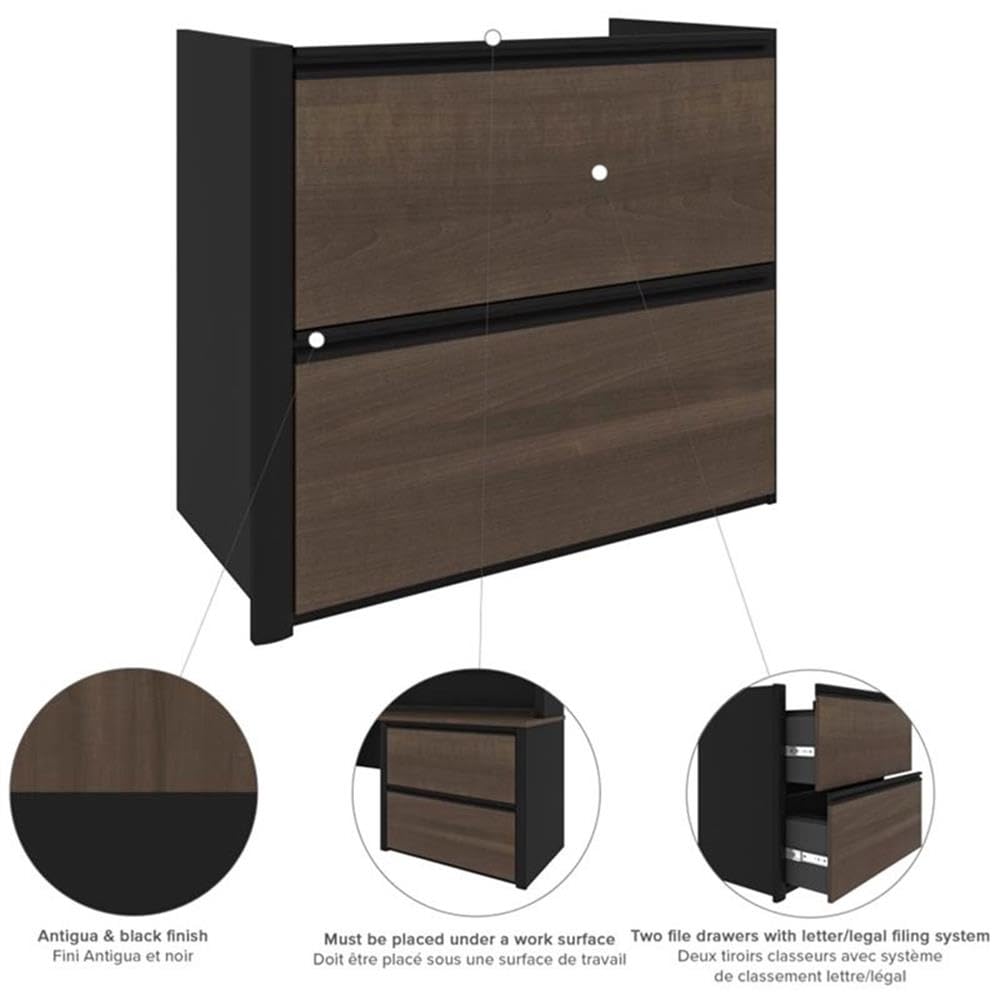 Pemberly Row 5-Piece L-Shaped Computer Desk with Hutch in Antigua and Black - Home Office Furniture for Small Spaces, Gaming & Workstation Setup