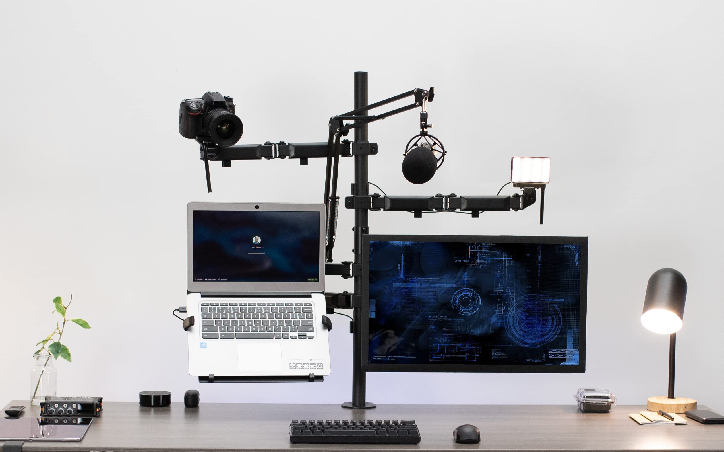 VIVO All-in-One Computer Studio Desk Mount with Mic Boom, Dual Monitor Stand for 32 inch Screens, Laptop Holder & Livestream Arms - Compatible with Cameras, Lights, Phone/Tablet Adapters (STAND-LIVE2L) - Perfect for Home Office, Gaming Setup & Content Creation Studio