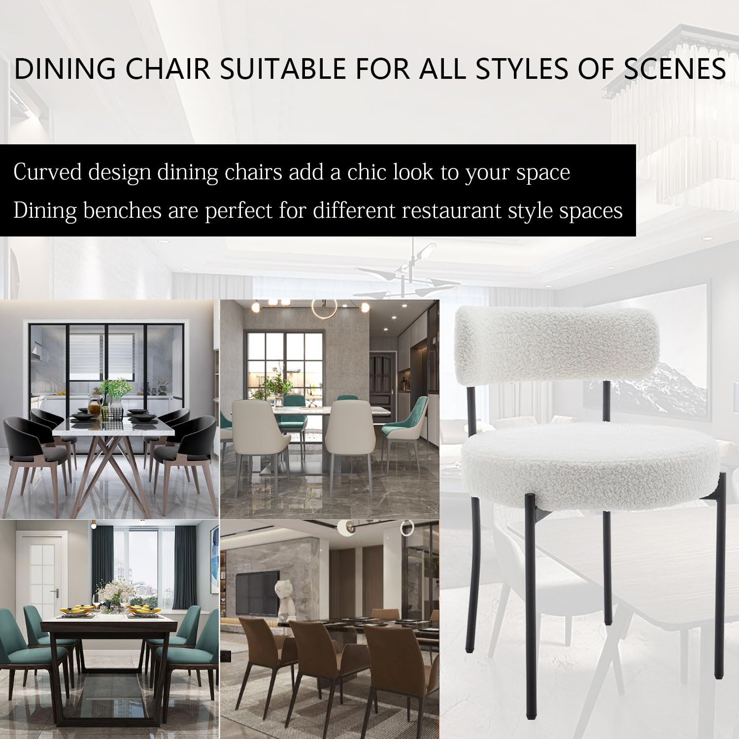4 Pack Boucle Fabric Dining Chairs - Modern Round Upholstered Chairs with Black Metal Legs for Dining Room & Kitchen - White Velvet Accent Chairs Perfect for Home Decor, Breakfast Nook and Small Spaces
