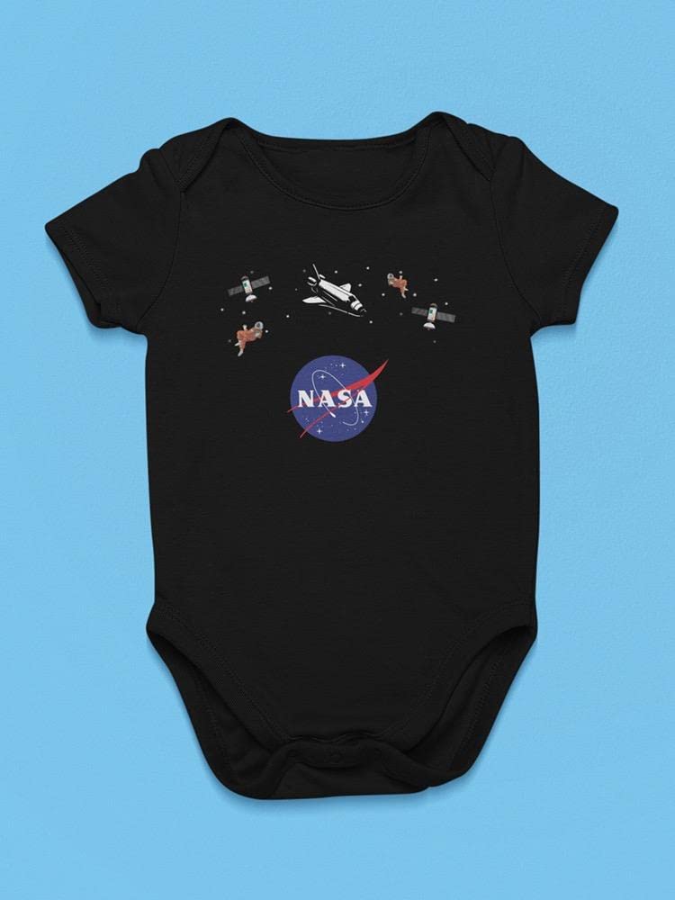 NASA Logo Floating Objects Baby Bodysuit - Black Newborn Onesie for Space Enthusiasts - Perfect for Astronaut-Themed Parties & Photo Shoots